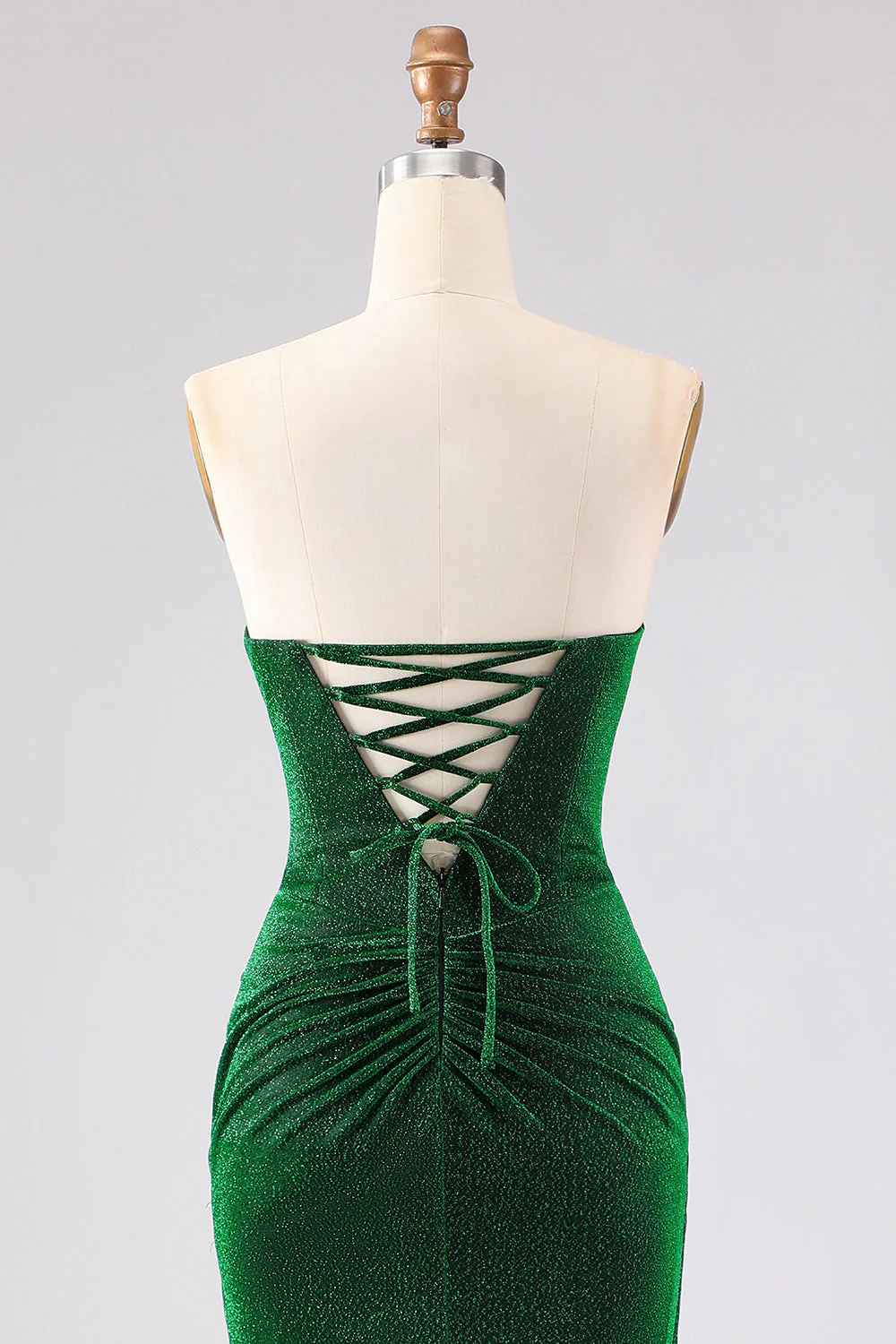 Strapless Mermaid Dark Green Ruched Satin Long Prom Dress with Lace Up Back - Image 5