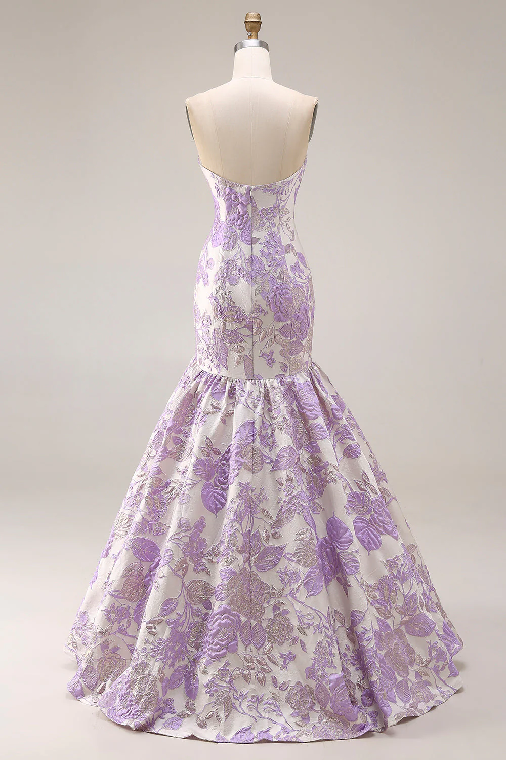 Strapless Mermaid Lilac Jacquard Satin Brocade Long Floral Prom Dress - Image 2