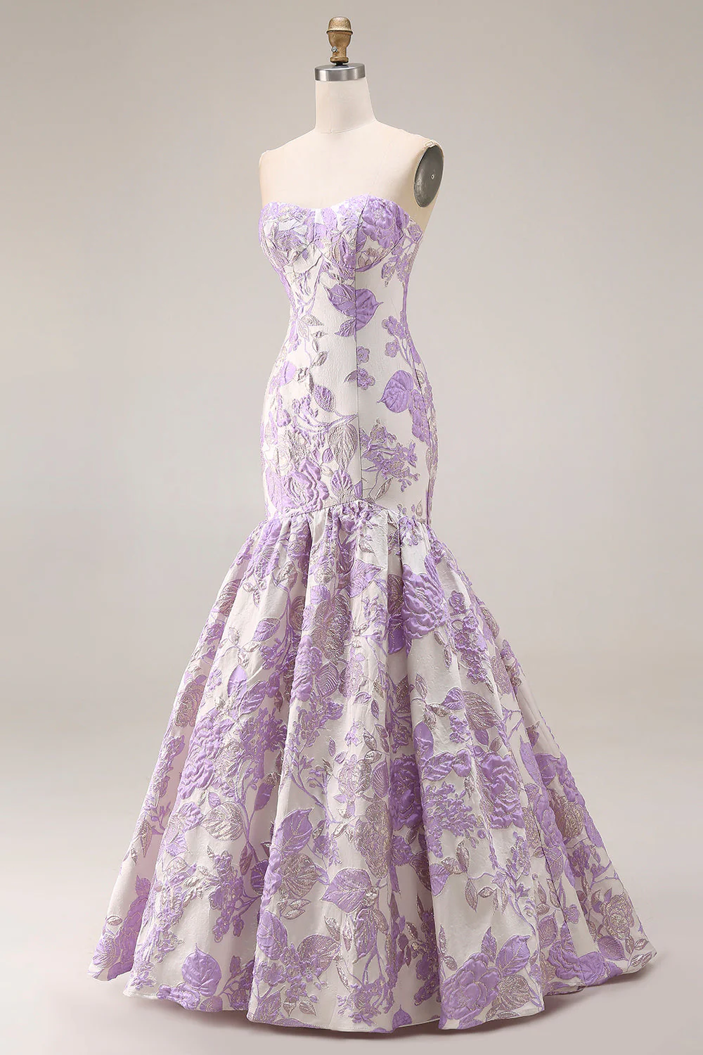 Strapless Mermaid Lilac Jacquard Satin Brocade Long Floral Prom Dress - Image 3
