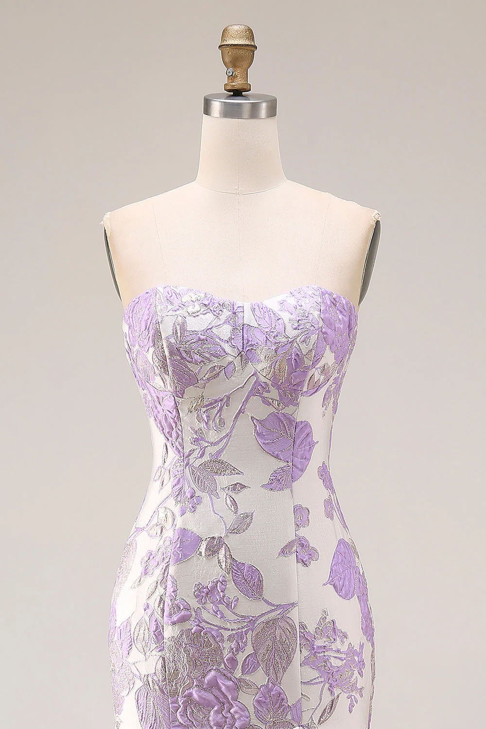 Strapless Mermaid Lilac Jacquard Satin Brocade Long Floral Prom Dress - Image 4