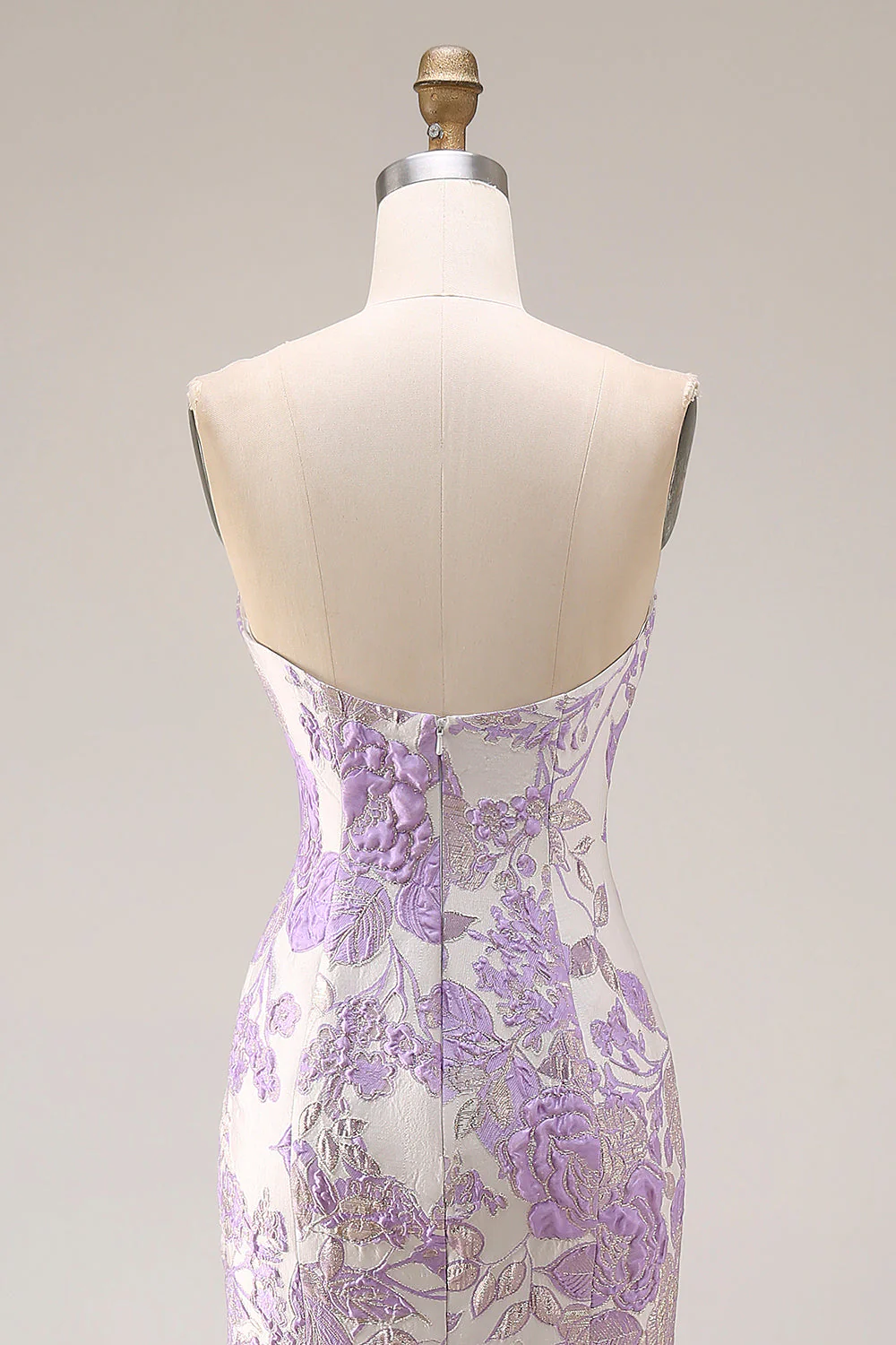 Strapless Mermaid Lilac Jacquard Satin Brocade Long Floral Prom Dress - Image 5