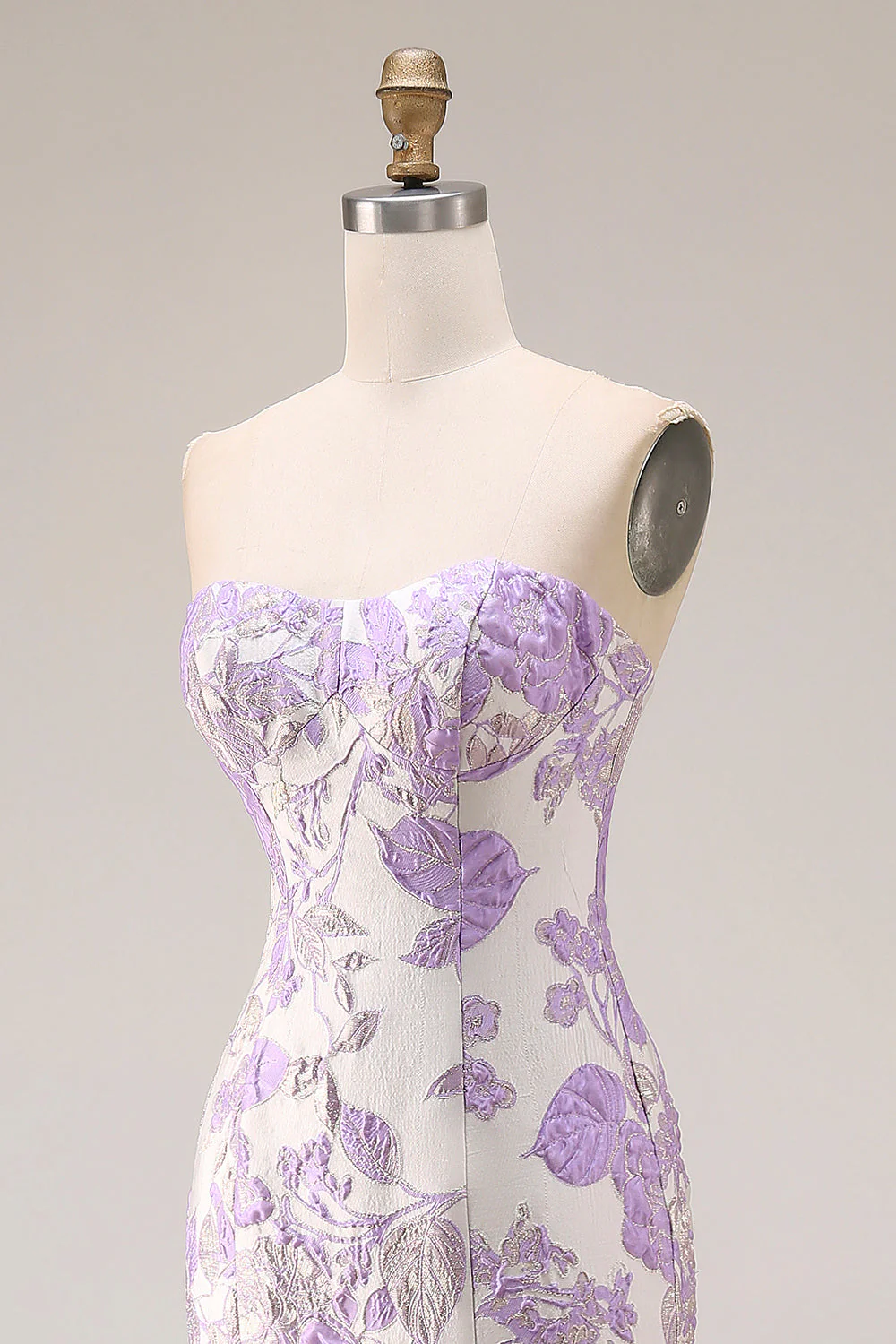 Strapless Mermaid Lilac Jacquard Satin Brocade Long Floral Prom Dress - Image 6