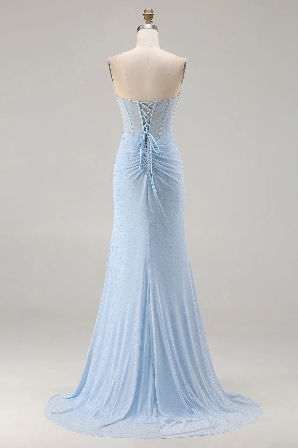 Strapless Mermaid Sky Blue Beaded Corset Long Prom Dress with Slit - Image 2