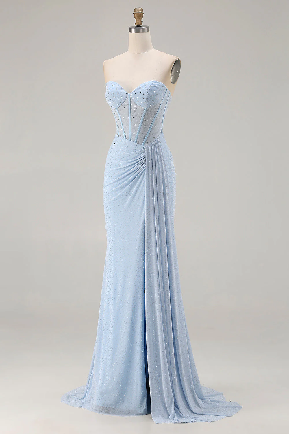 Strapless Mermaid Sky Blue Beaded Corset Long Prom Dress with Slit - Image 3