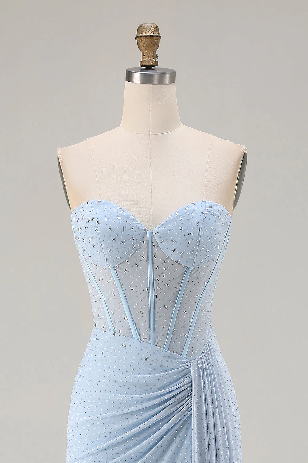 Strapless Mermaid Sky Blue Beaded Corset Long Prom Dress with Slit - Image 4