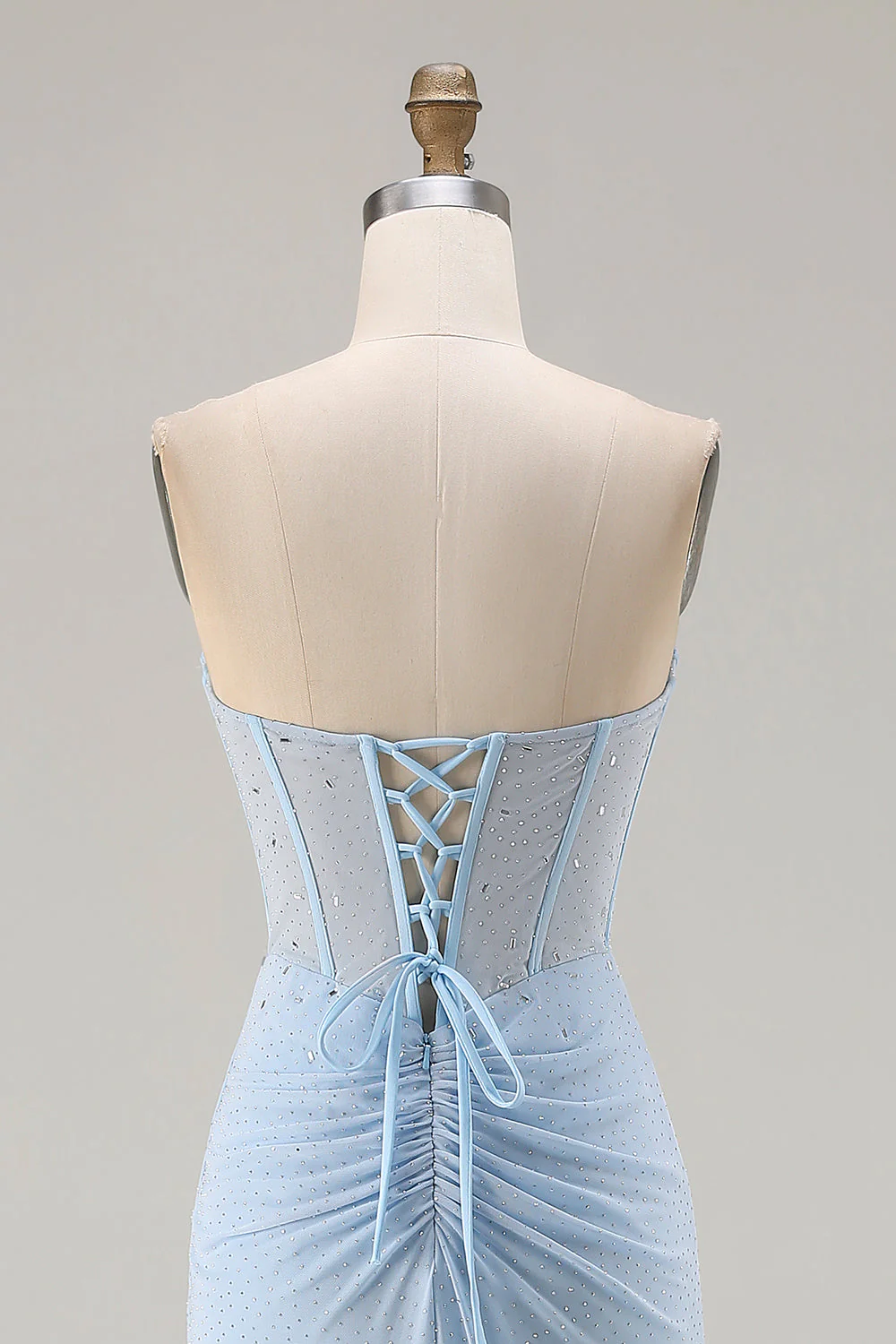 Strapless Mermaid Sky Blue Beaded Corset Long Prom Dress with Slit - Image 5