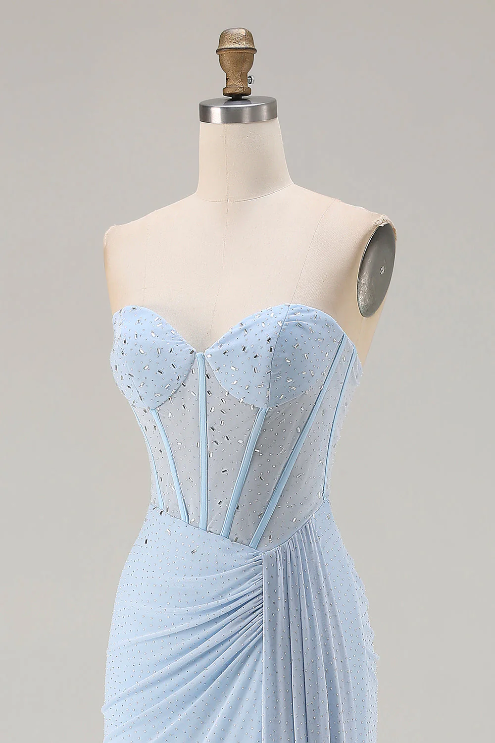 Strapless Mermaid Sky Blue Beaded Corset Long Prom Dress with Slit - Image 6