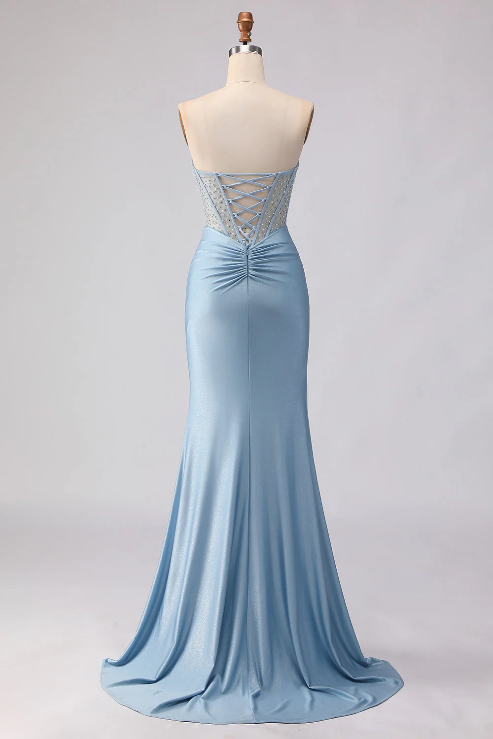 Strapless Mermaid Sky Blue Corset Beaded Long Prom Dress with Sequins - Image 2
