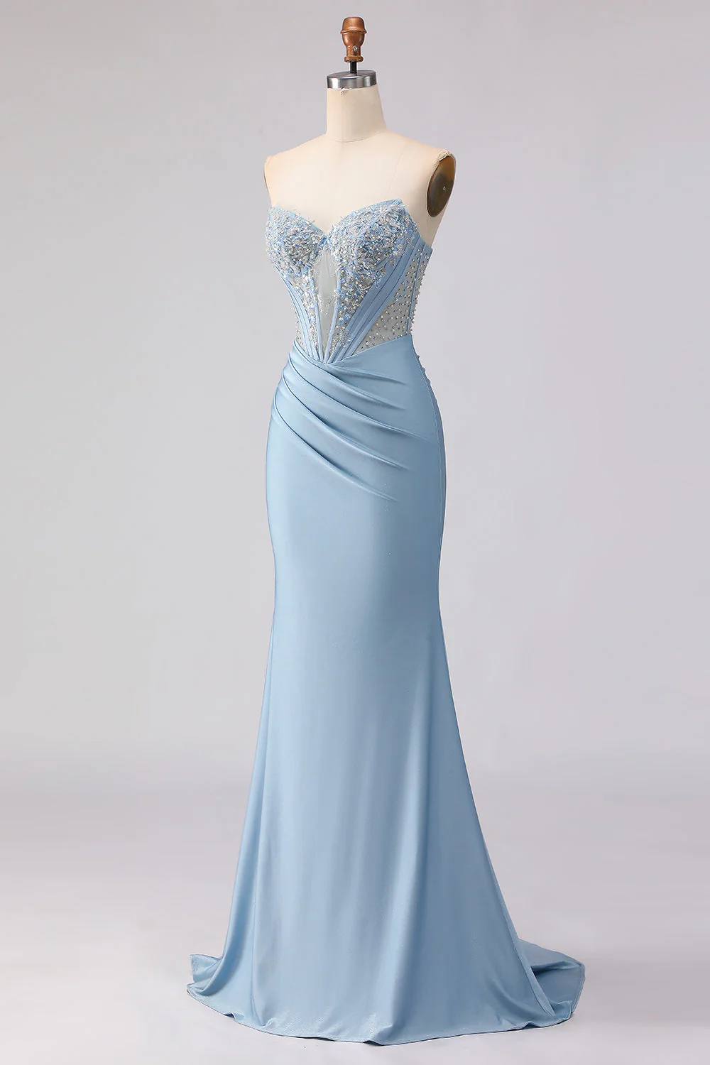 Strapless Mermaid Sky Blue Corset Beaded Long Prom Dress with Sequins - Image 3