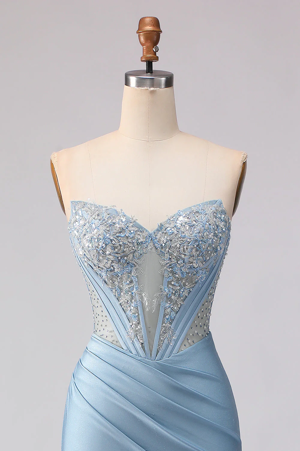 Strapless Mermaid Sky Blue Corset Beaded Long Prom Dress with Sequins - Image 4