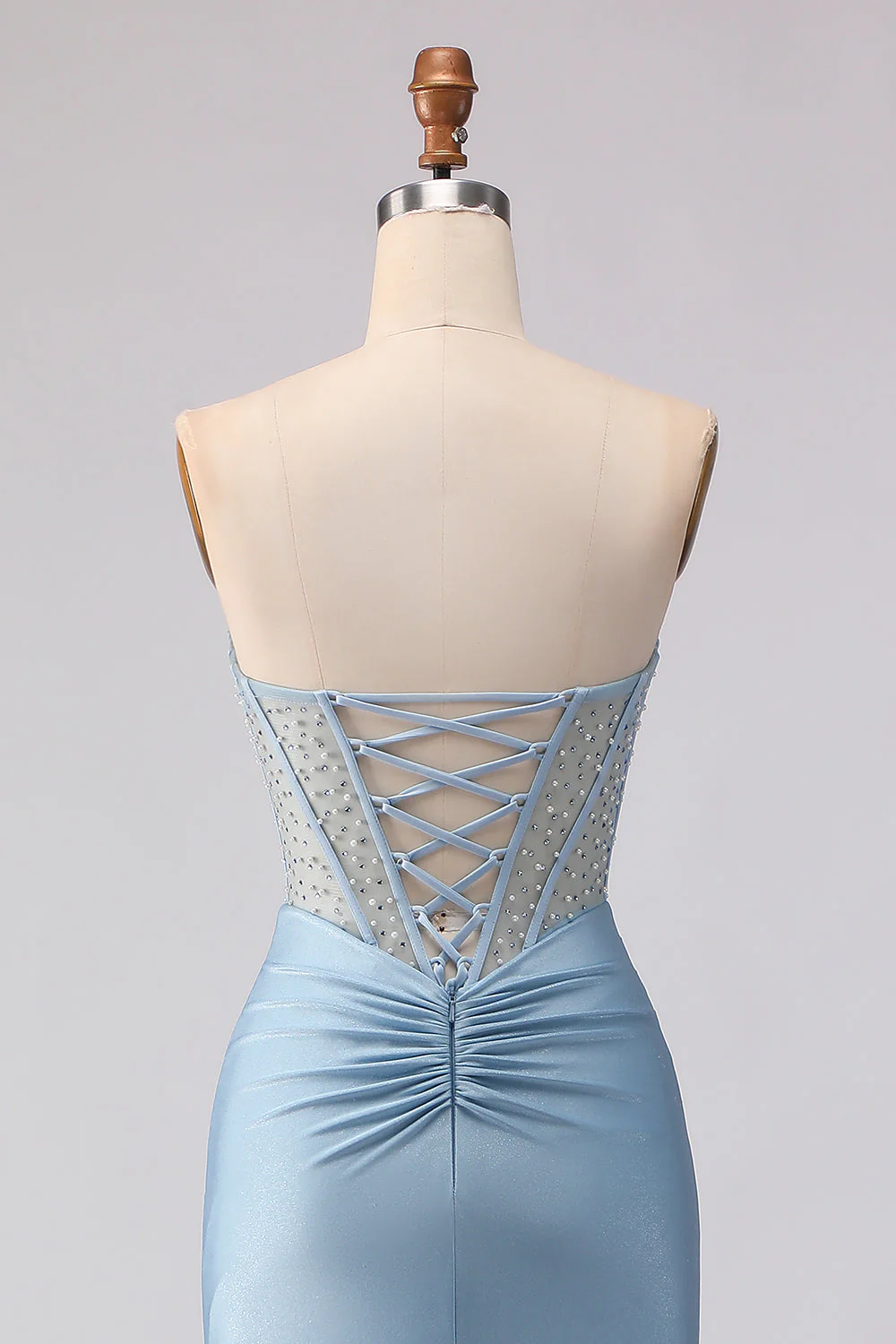 Strapless Mermaid Sky Blue Corset Beaded Long Prom Dress with Sequins - Image 5