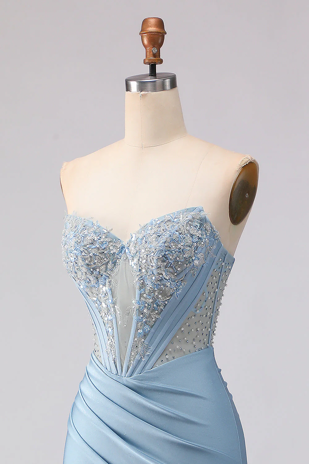 Strapless Mermaid Sky Blue Corset Beaded Long Prom Dress with Sequins - Image 6