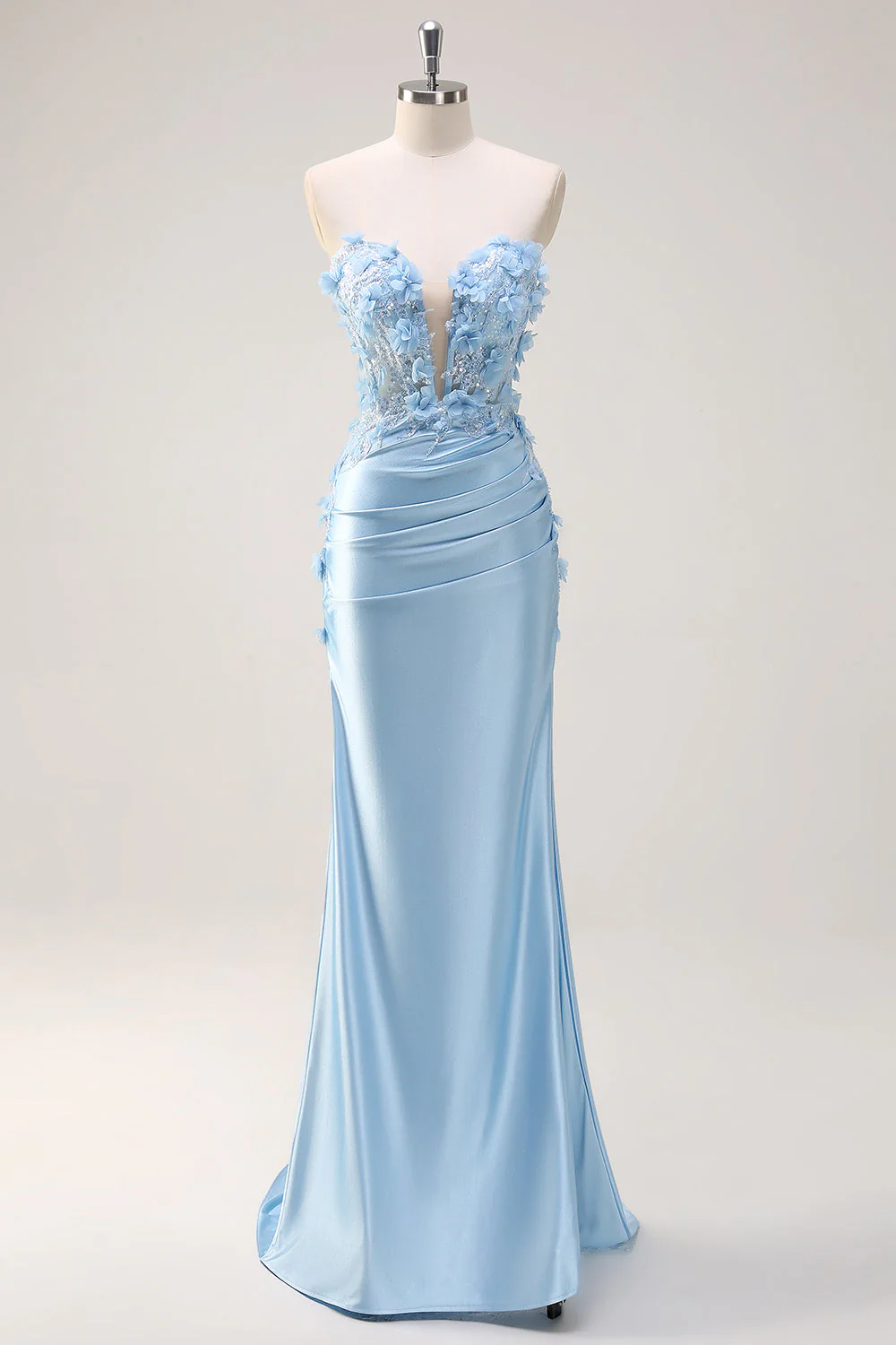 Strapless Mermaid Sky Blue Satin Plus Size Long Prom Dress with 3D Flowers - Image 5