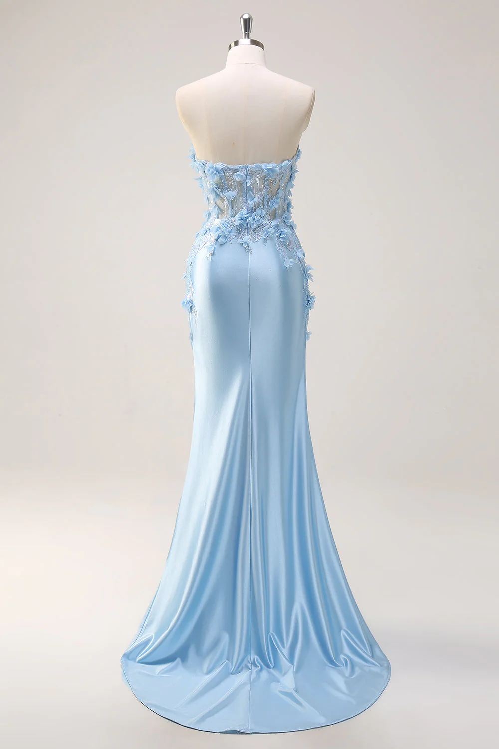 Strapless Mermaid Sky Blue Satin Plus Size Long Prom Dress with 3D Flowers - Image 6