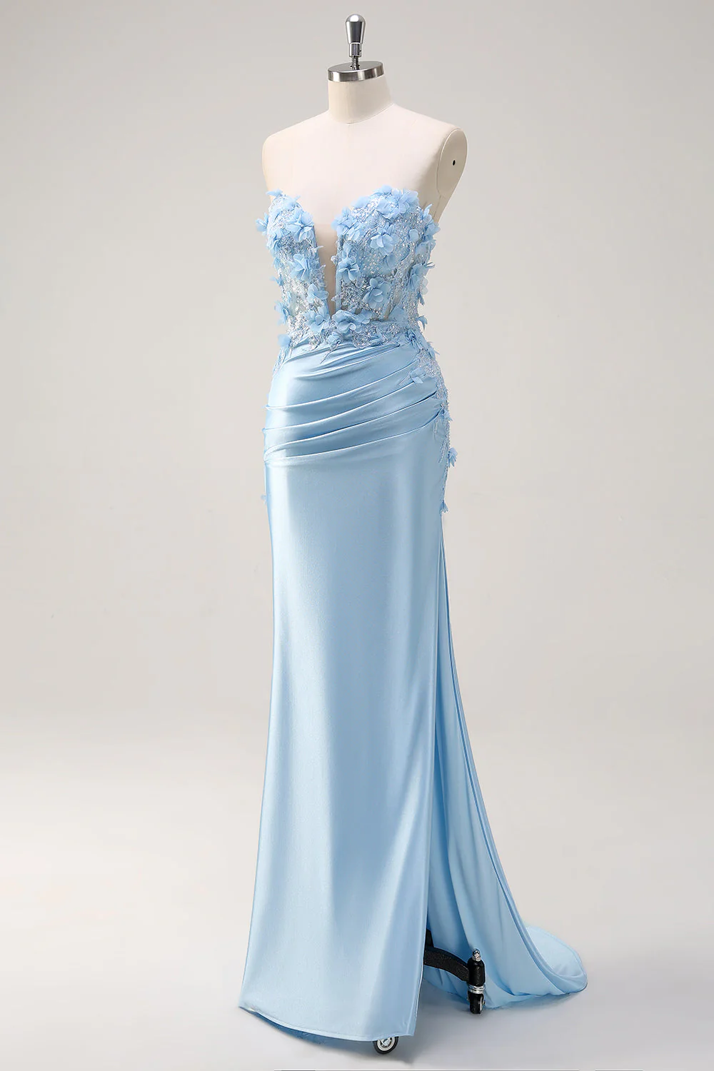 Strapless Mermaid Sky Blue Satin Plus Size Long Prom Dress with 3D Flowers - Image 7