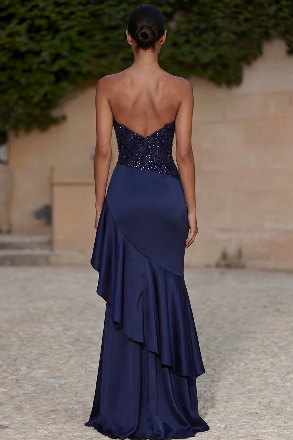Navy Strapless Sequin Ruffled Mermaid Evening Dress with Slit - Image 2