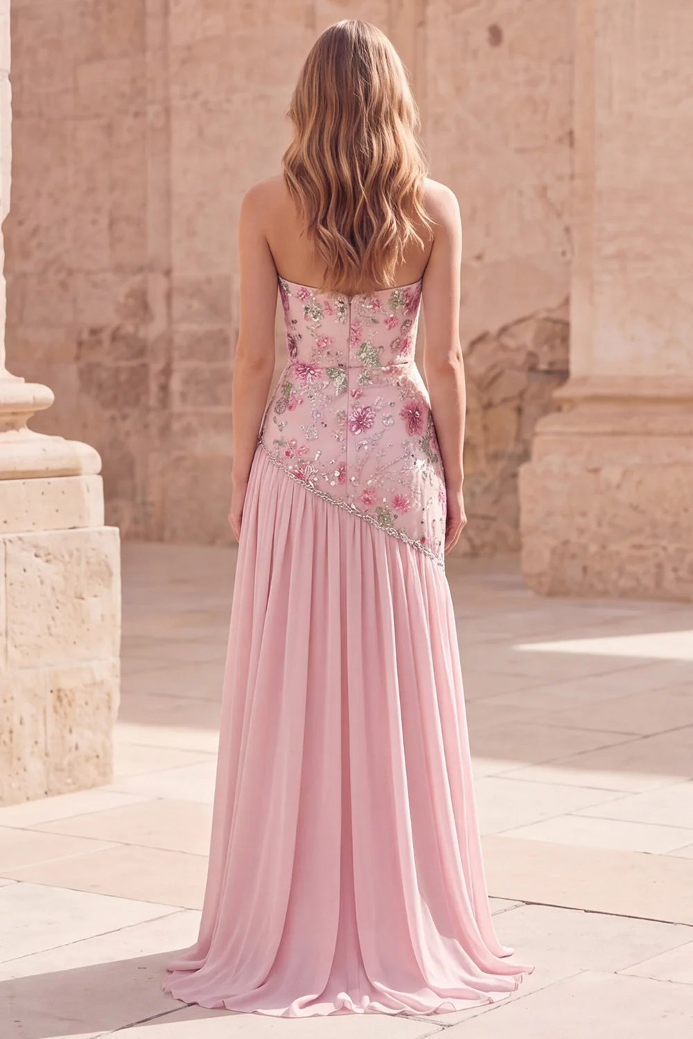 Strapless Pink Sequins A-Line Floral Long Prom Dress with Slit - Image 2