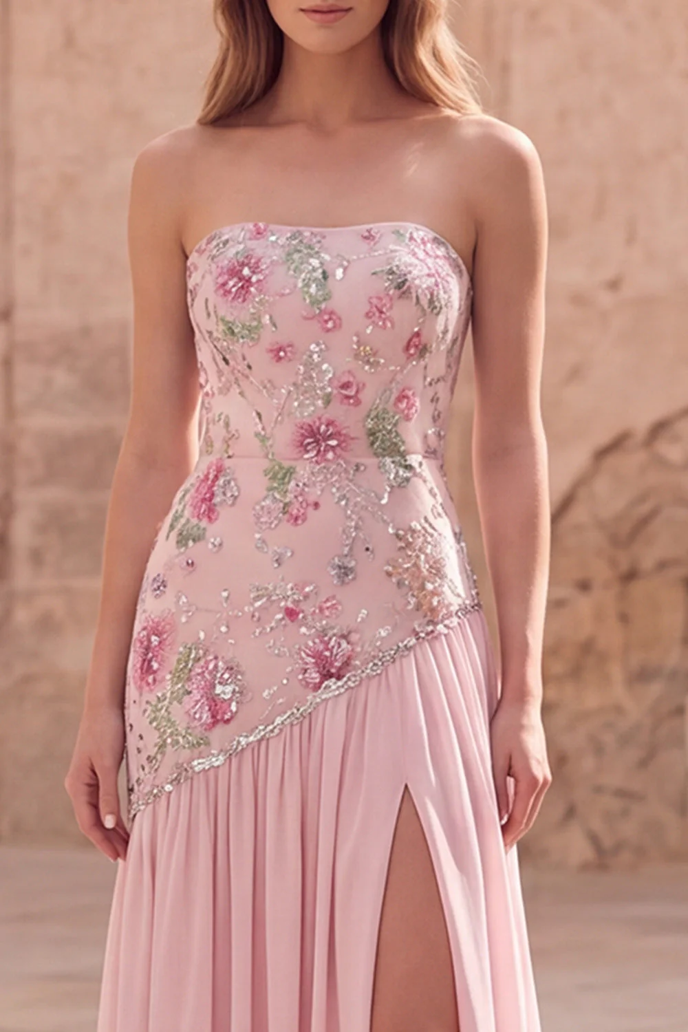 Strapless Pink Sequins A-Line Floral Long Prom Dress with Slit - Image 3