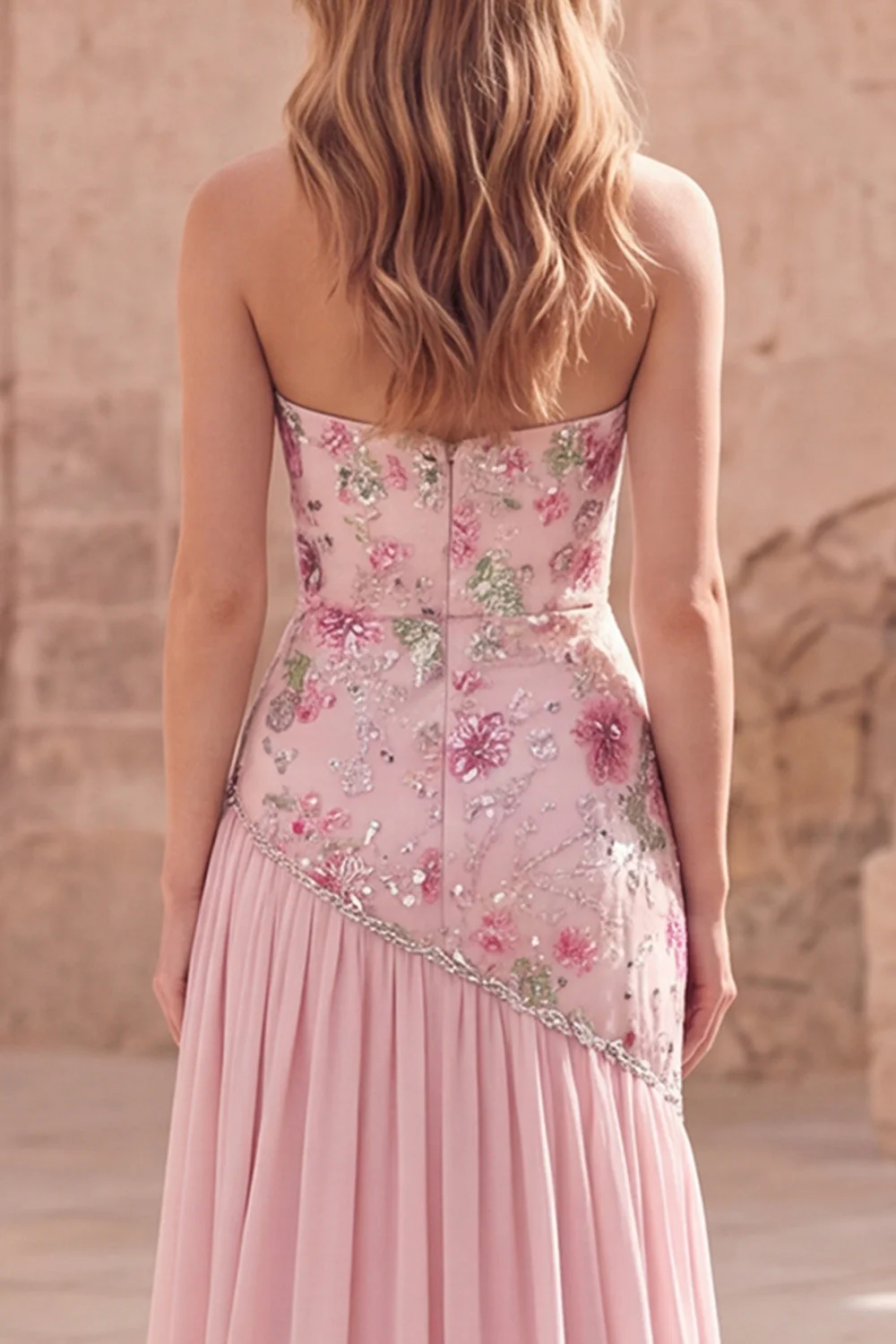Strapless Pink Sequins A-Line Floral Long Prom Dress with Slit - Image 4