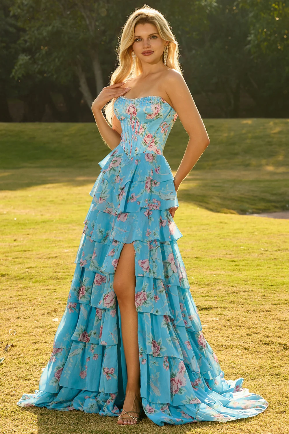 Strapless Pink A Line Tiered Ruffle Floral Corset Long Prom Dress with Slit - Image 12