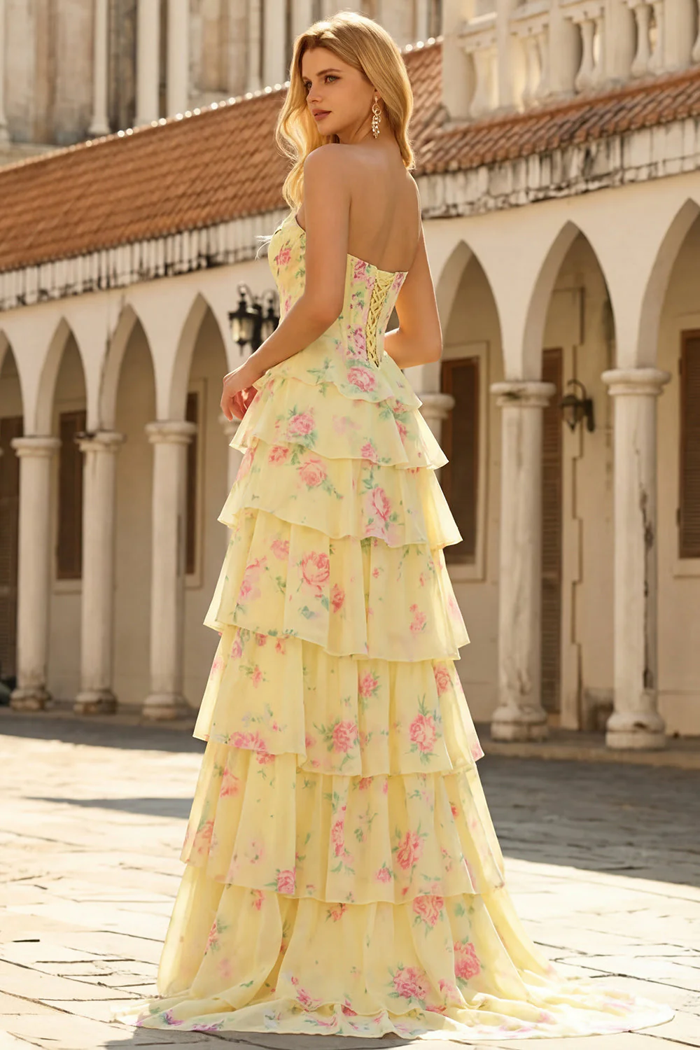 Strapless Pink A Line Tiered Ruffle Floral Corset Long Prom Dress with Slit - Image 15