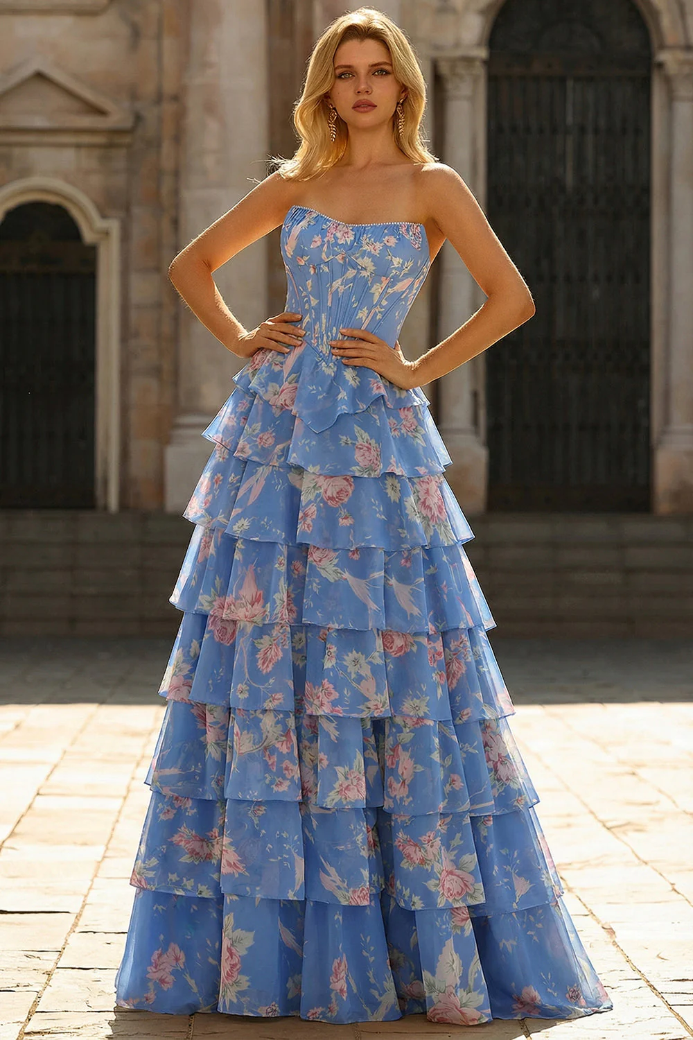 Strapless Pink A Line Tiered Ruffle Floral Corset Long Prom Dress with Slit - Image 16