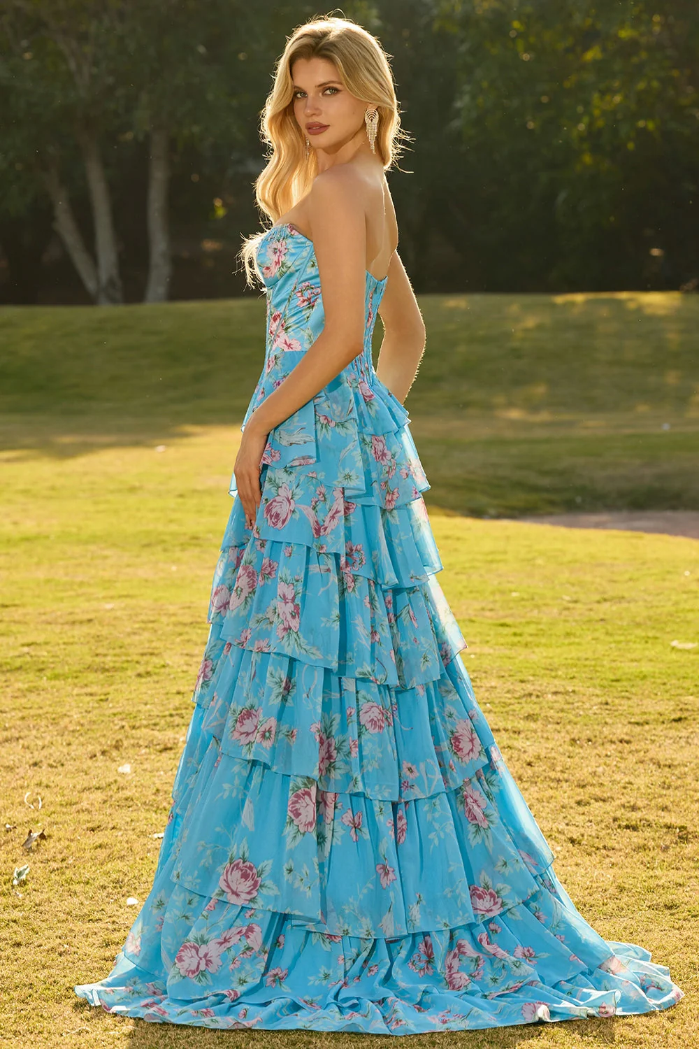 Strapless Pink A Line Tiered Ruffle Floral Corset Long Prom Dress with Slit - Image 8
