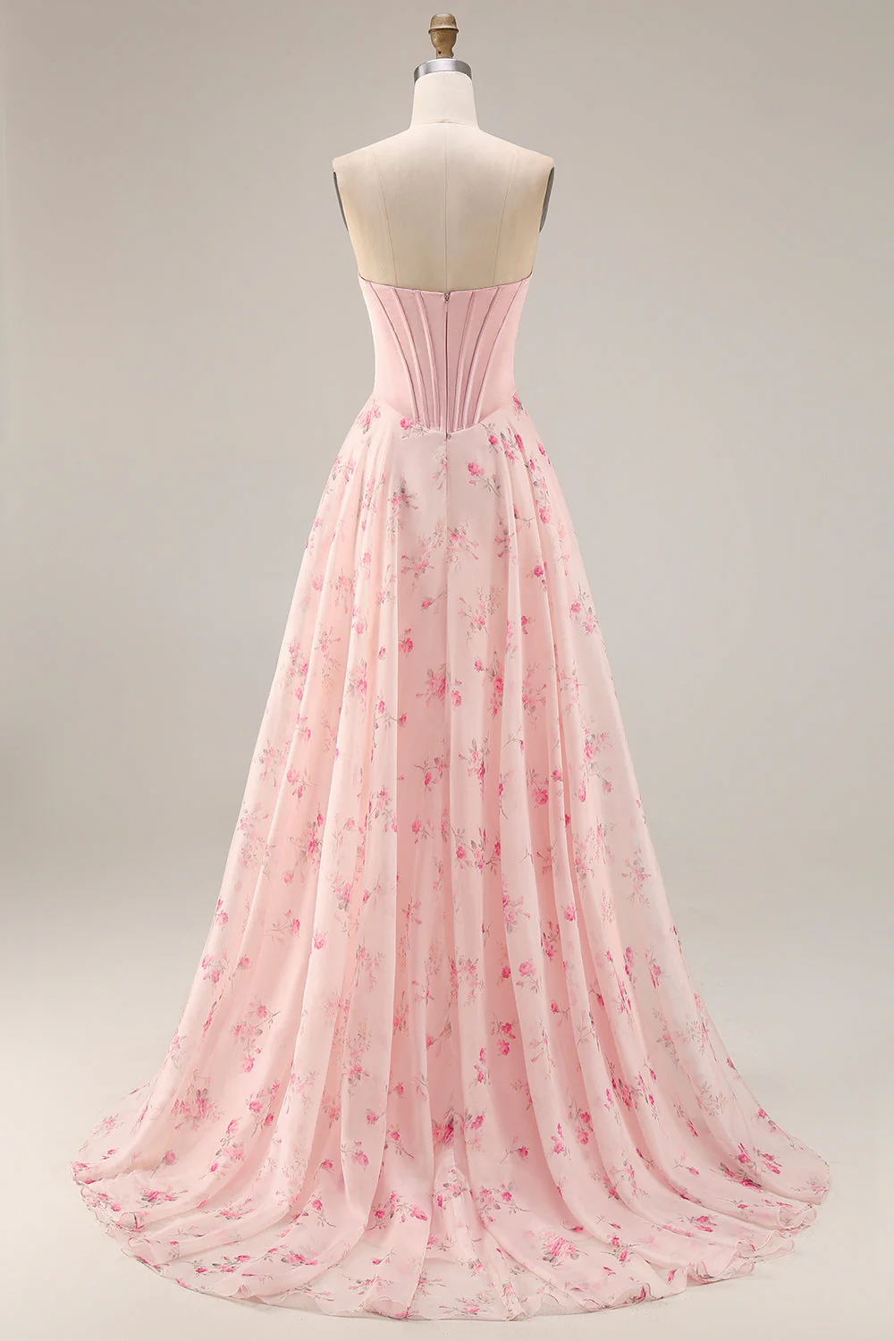 Strapless Pink Floral A-Line Corset Bowed Long Prom Dress with Slit - Image 2