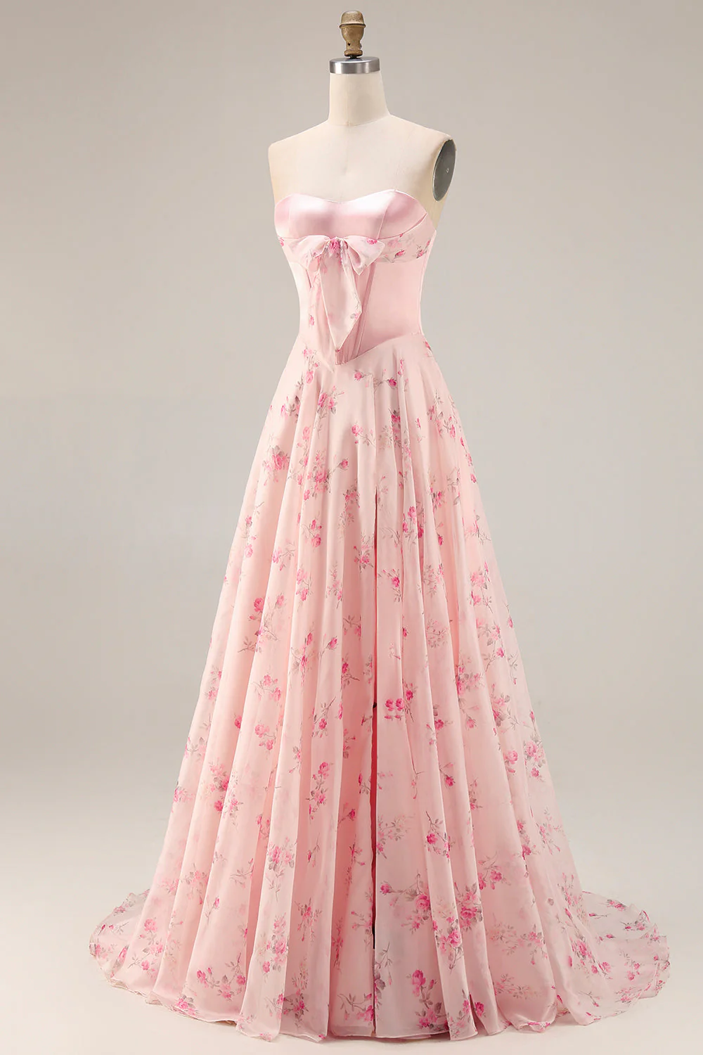 Strapless Pink Floral A-Line Corset Bowed Long Prom Dress with Slit - Image 3