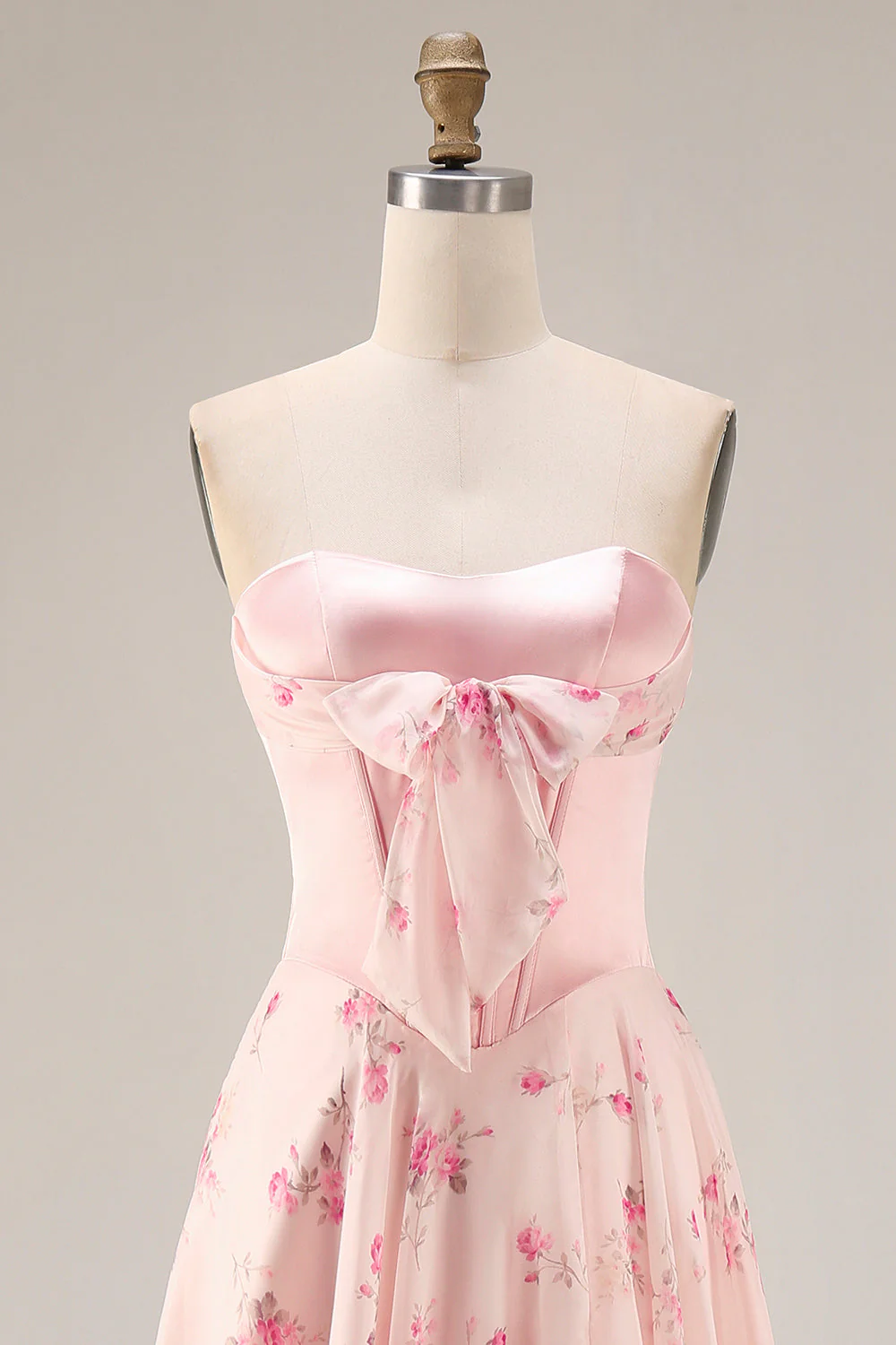 Strapless Pink Floral A-Line Corset Bowed Long Prom Dress with Slit - Image 4