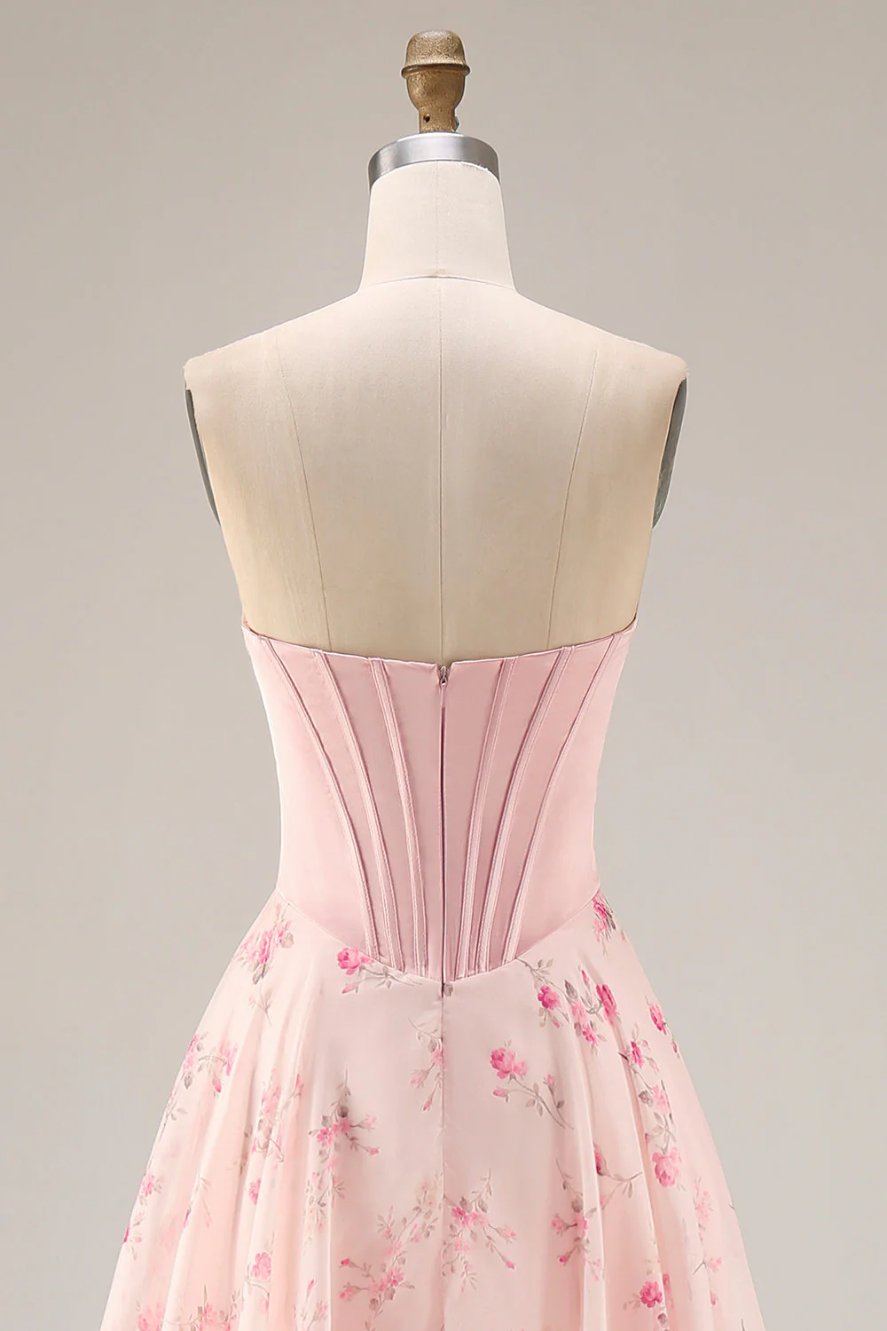 Strapless Pink Floral A-Line Corset Bowed Long Prom Dress with Slit - Image 5