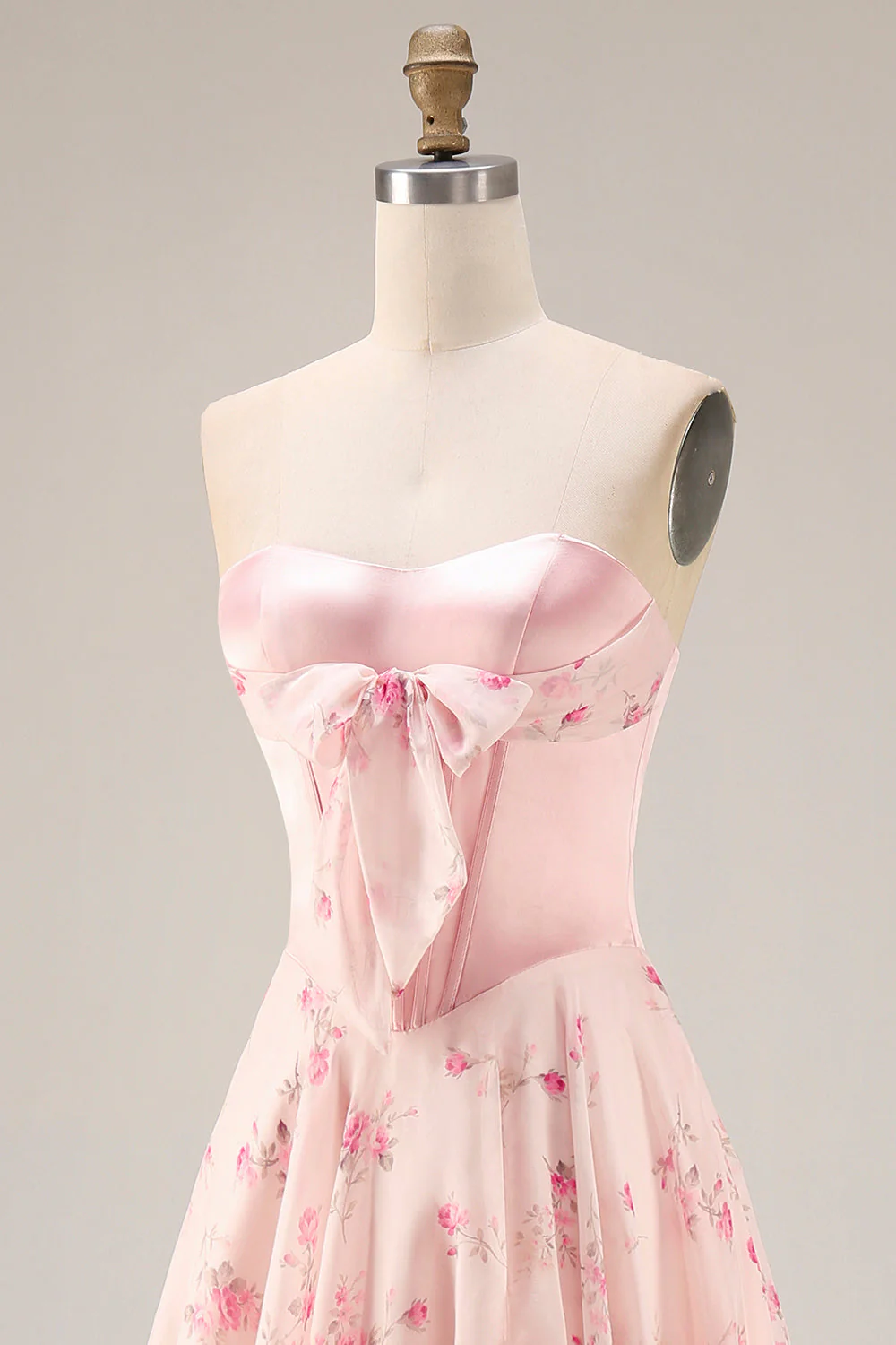 Strapless Pink Floral A-Line Corset Bowed Long Prom Dress with Slit - Image 6