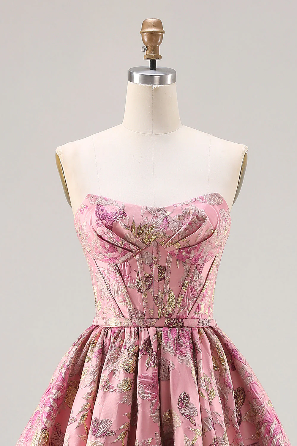 Strapless Pink Jacquard Corset Princess Floral Long Prom Dress with Lace Up Back - Image 4