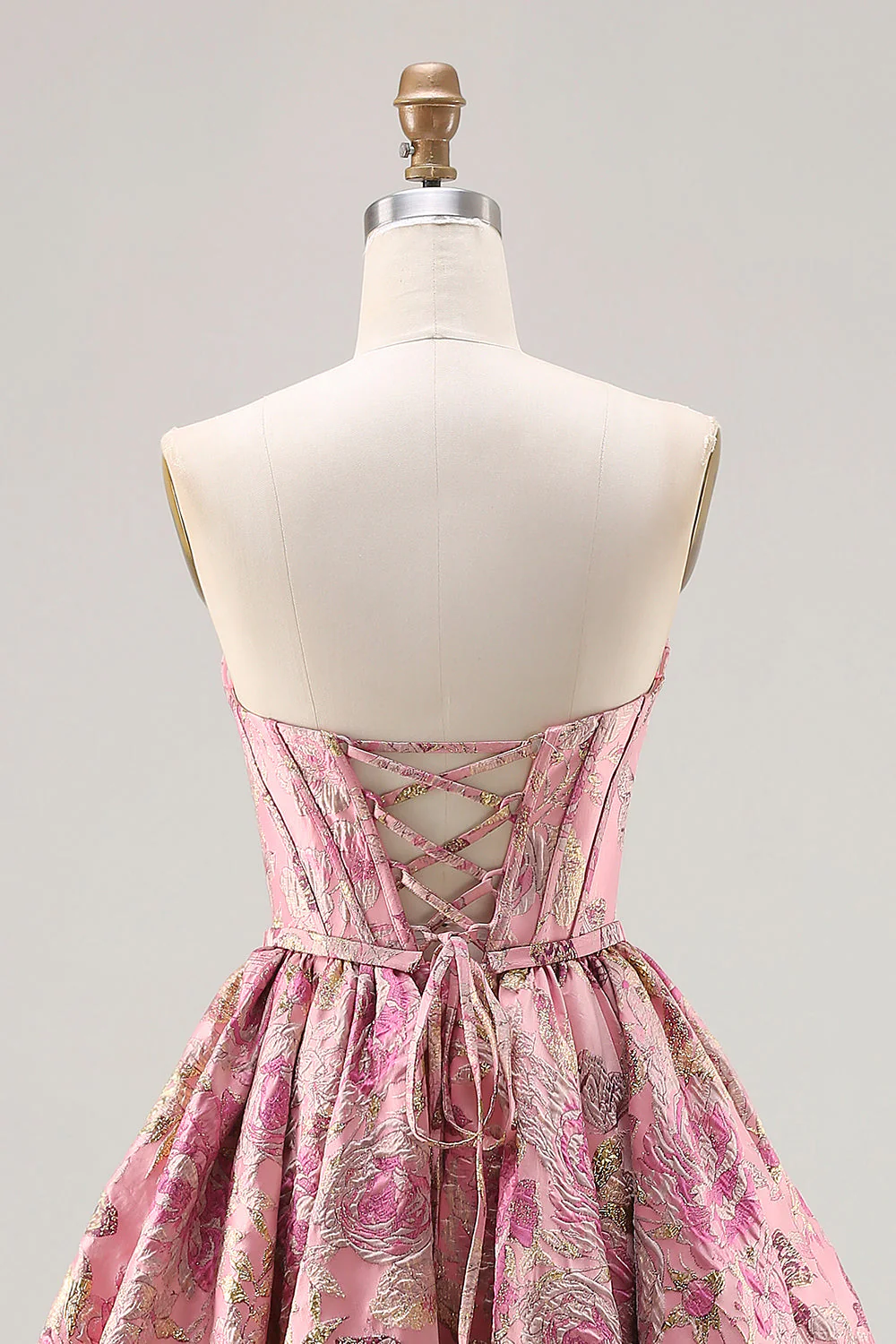 Strapless Pink Jacquard Corset Princess Floral Long Prom Dress with Lace Up Back - Image 5