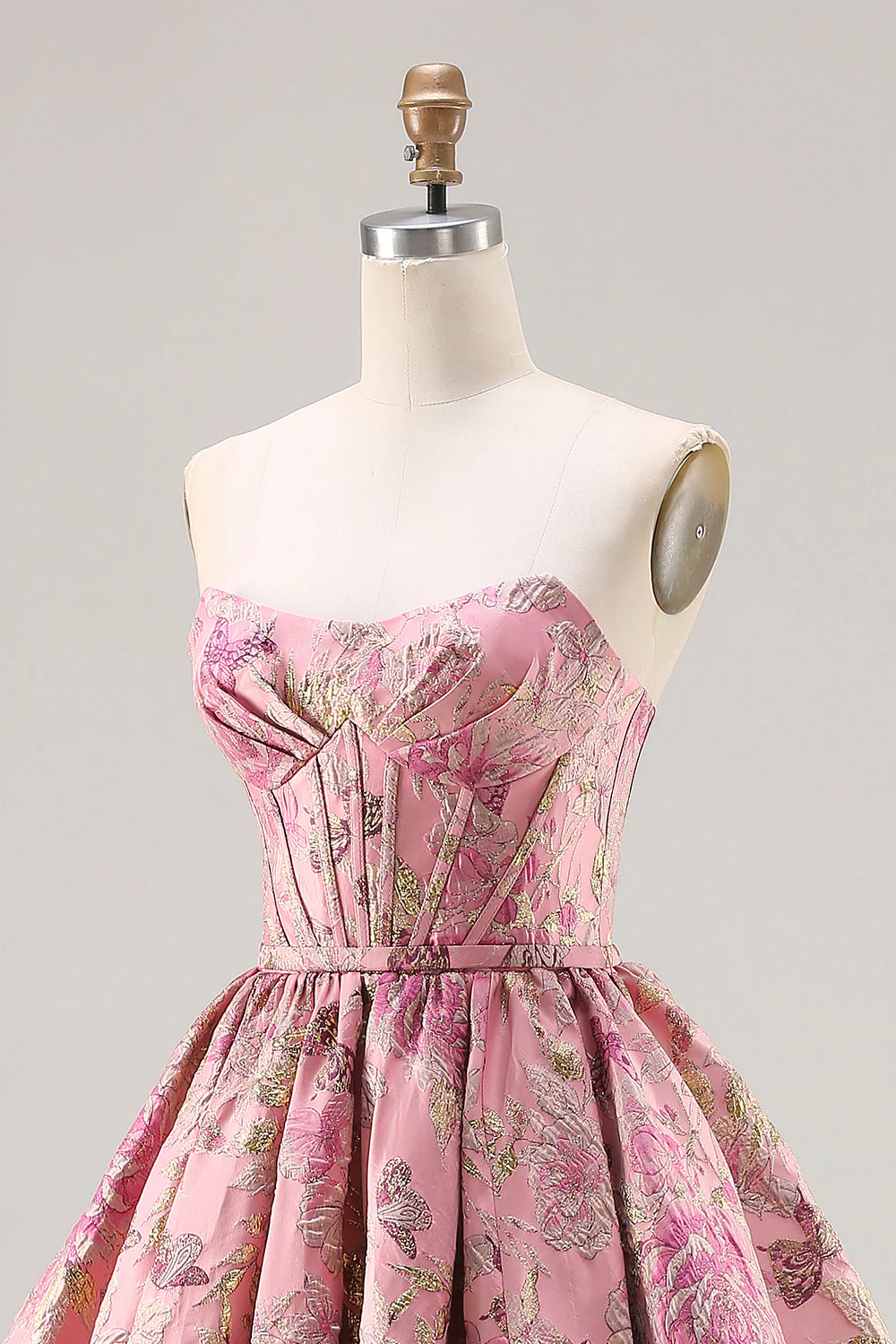 Strapless Pink Jacquard Corset Princess Floral Long Prom Dress with Lace Up Back - Image 6