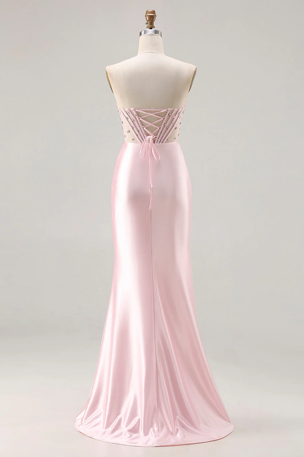 Strapless Pink Mermaid Beaded Corset Long Prom Dress with Slit - Image 2