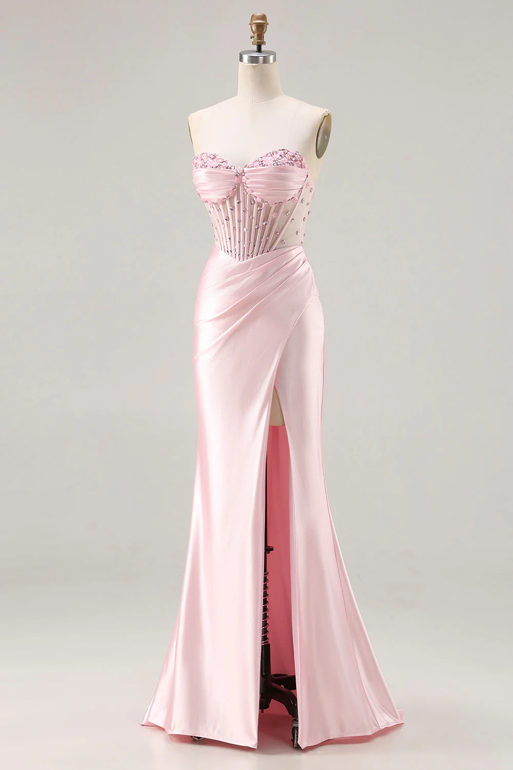 Strapless Pink Mermaid Beaded Corset Long Prom Dress with Slit - Image 3