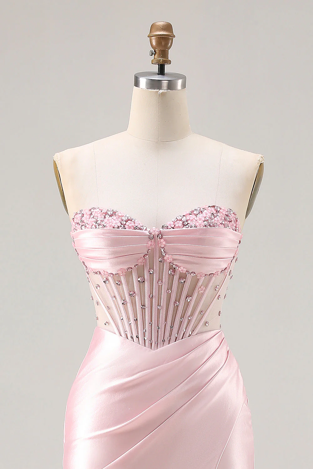Strapless Pink Mermaid Beaded Corset Long Prom Dress with Slit - Image 4