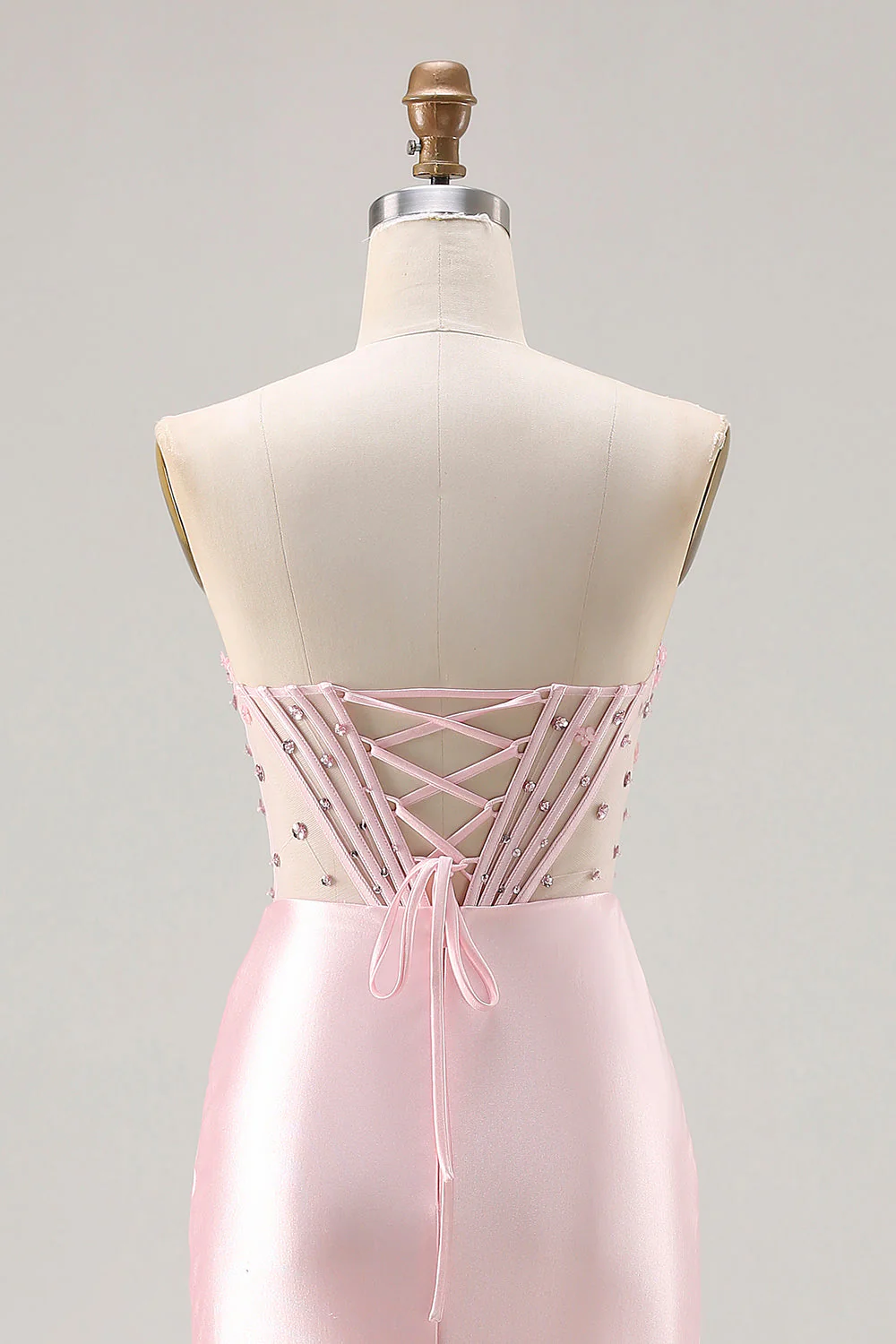 Strapless Pink Mermaid Beaded Corset Long Prom Dress with Slit - Image 5