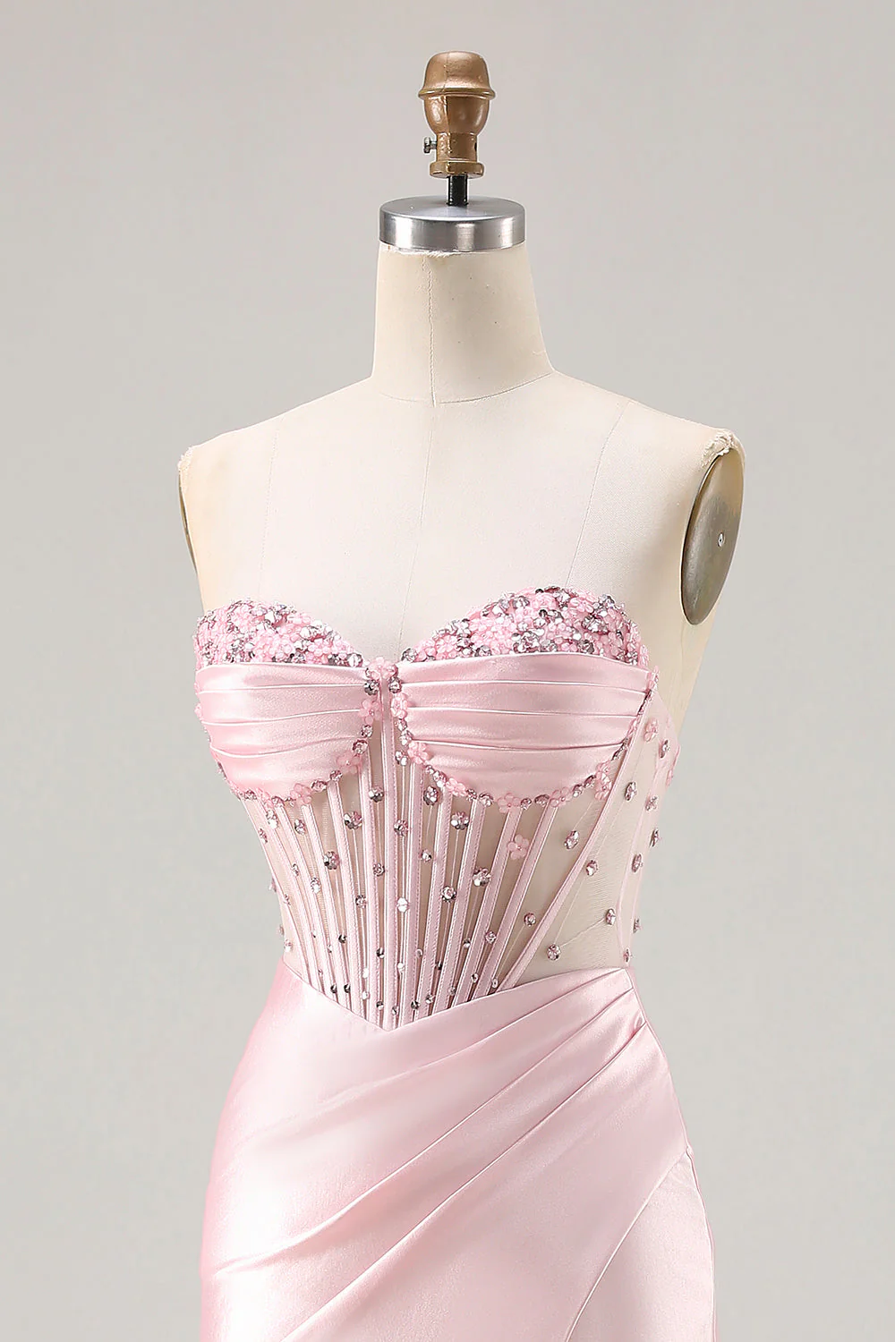 Strapless Pink Mermaid Beaded Corset Long Prom Dress with Slit - Image 6