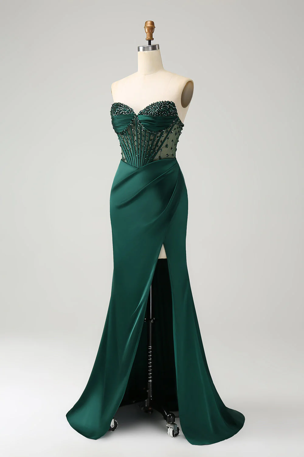 Strapless Pink Mermaid Beaded Corset Long Prom Dress with Slit - Image 9