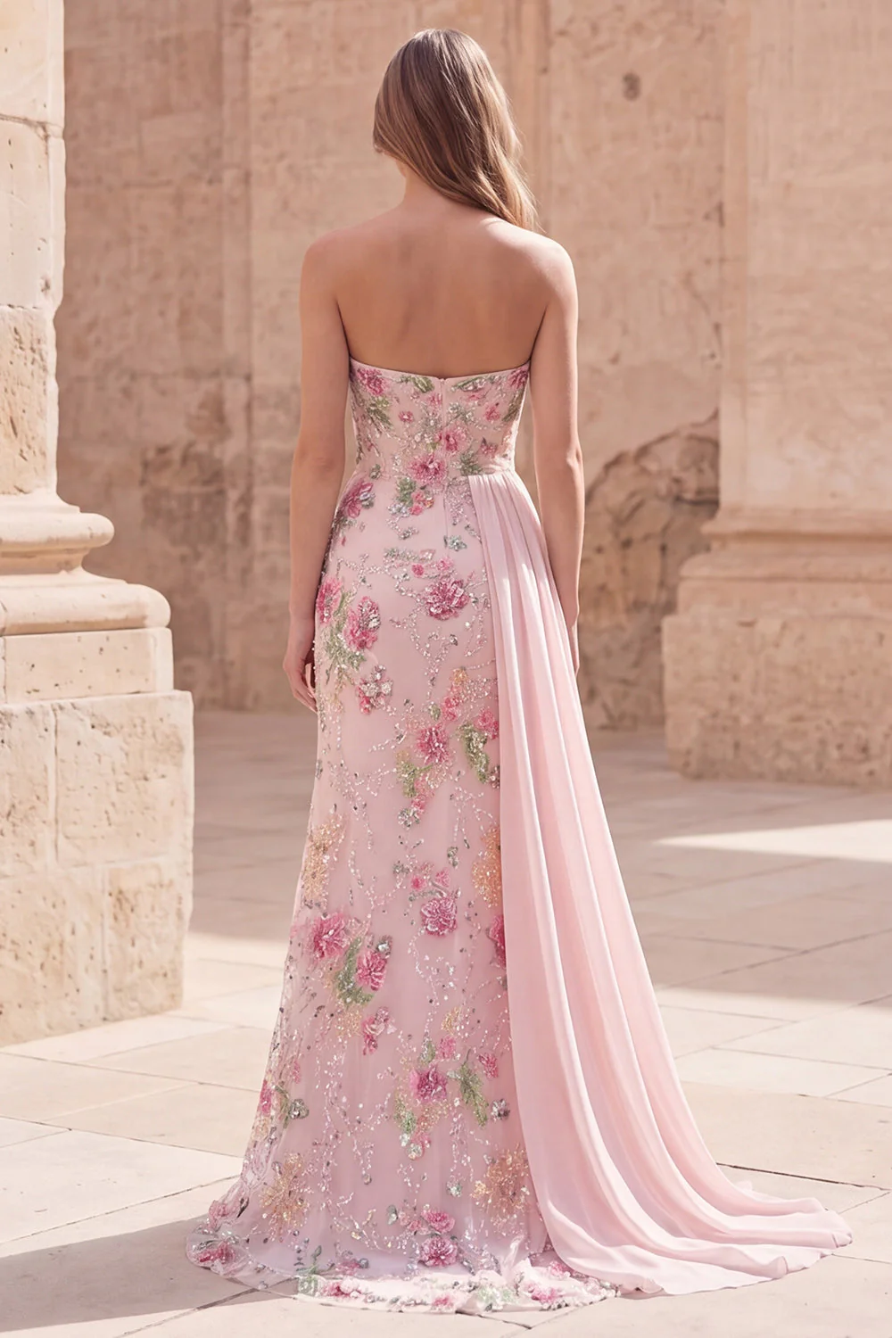 Strapless Pink Mermaid Long Sequin Prom Dress with Streamer - Image 2