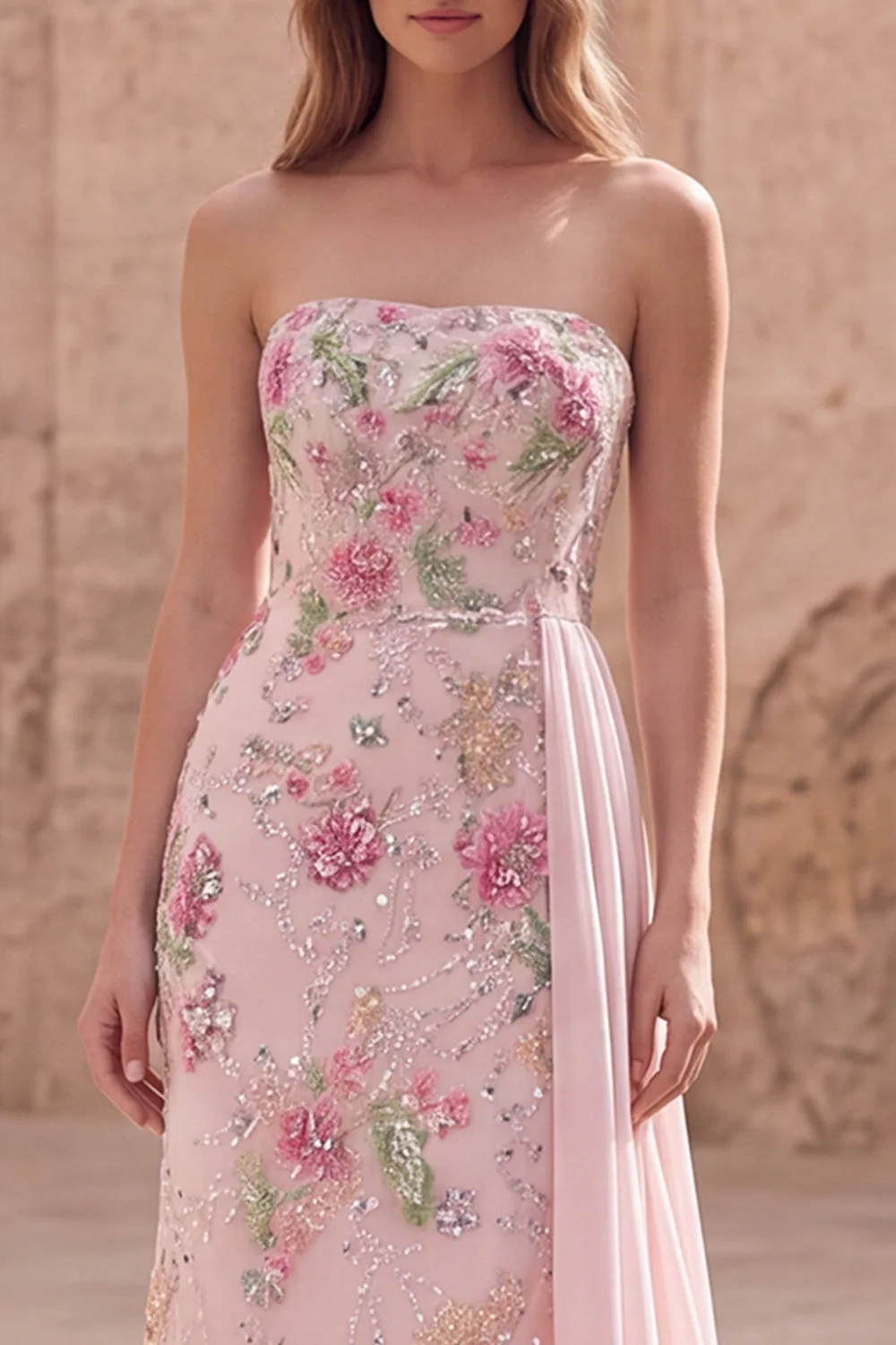 Strapless Pink Mermaid Long Sequin Prom Dress with Streamer - Image 3