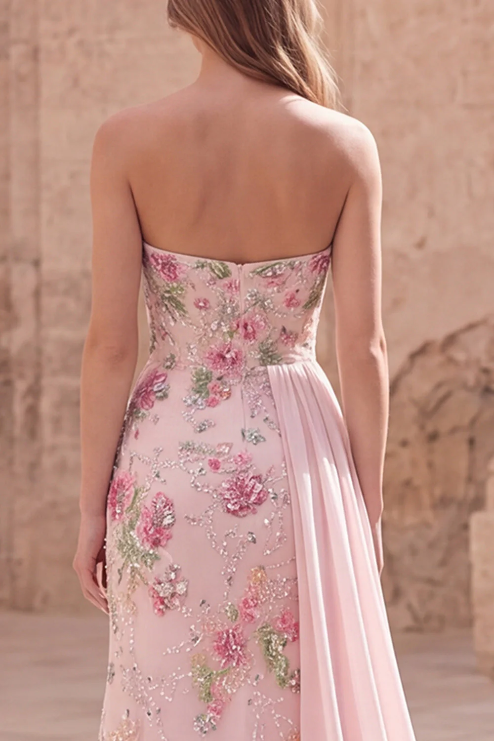 Strapless Pink Mermaid Long Sequin Prom Dress with Streamer - Image 4