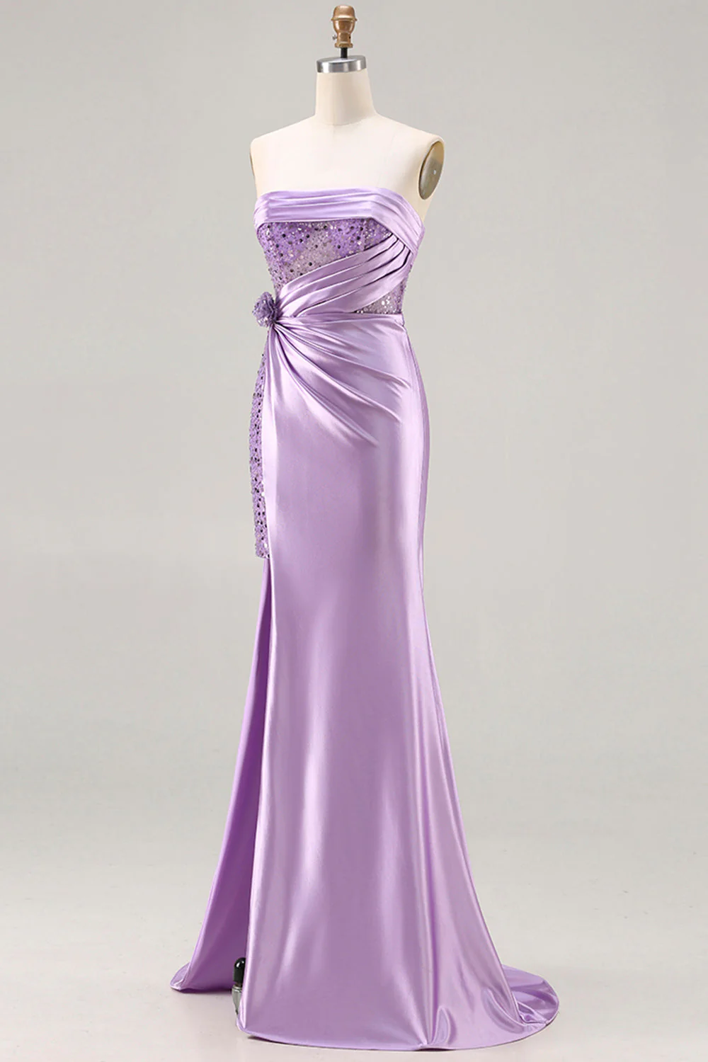 Strapless Purple Mermaid 3D Flower Sequin Long Prom Dress with Slit - Image 3