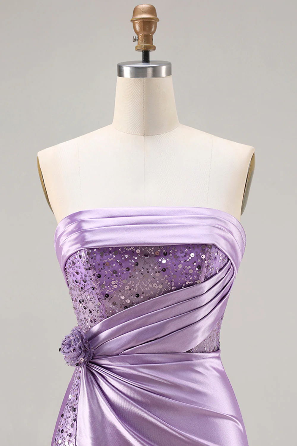 Strapless Purple Mermaid 3D Flower Sequin Long Prom Dress with Slit - Image 4