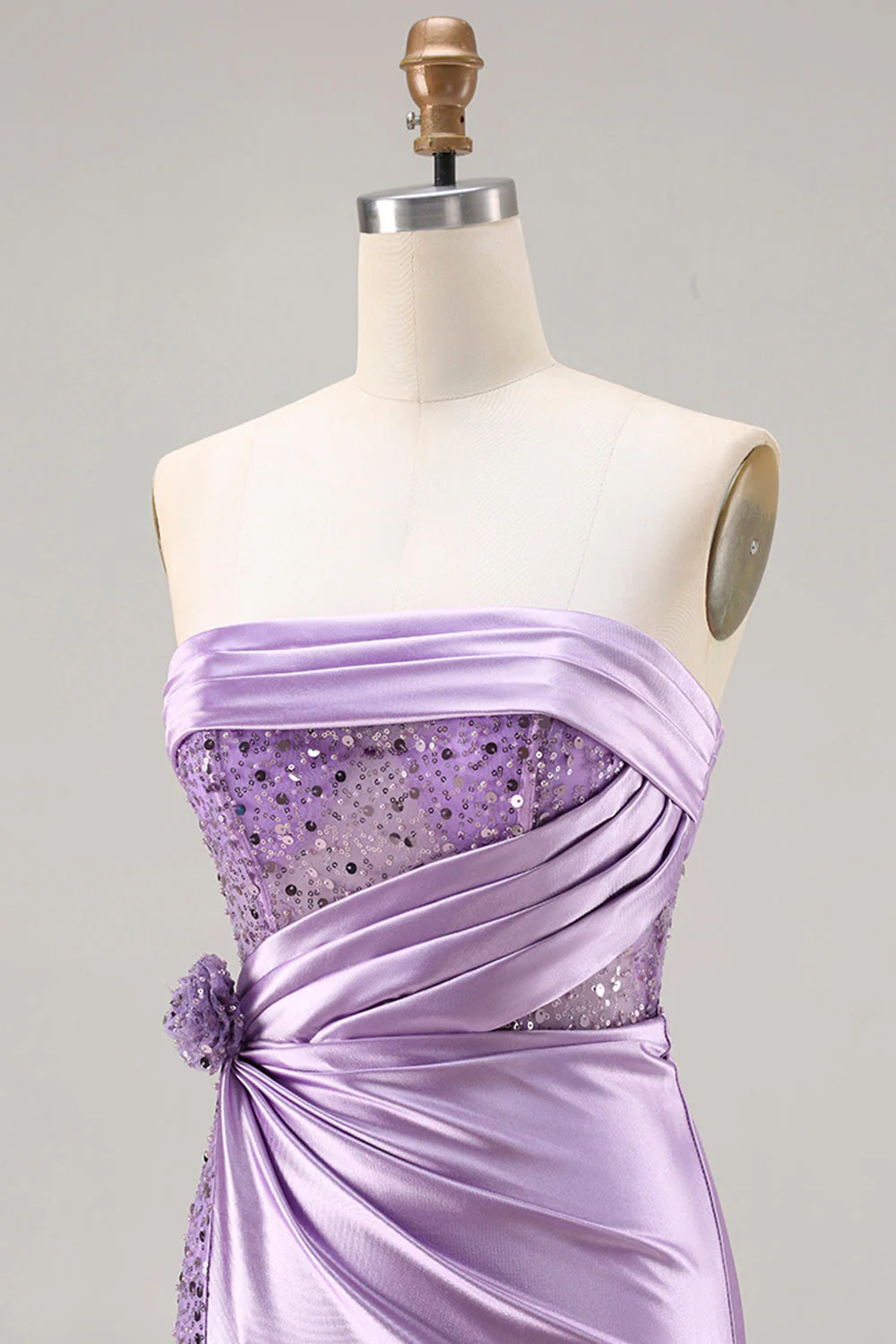 Strapless Purple Mermaid 3D Flower Sequin Long Prom Dress with Slit - Image 6