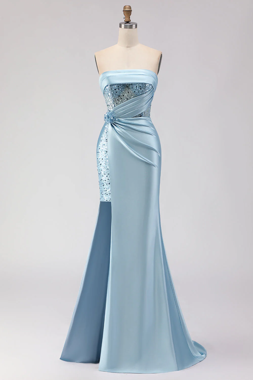Strapless Purple Mermaid 3D Flower Sequin Long Prom Dress with Slit - Image 7