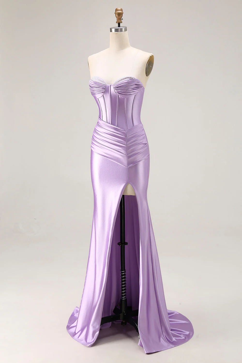 Strapless Purple Mermaid Corset Pleated Long Prom Dress With Slit - Image 3