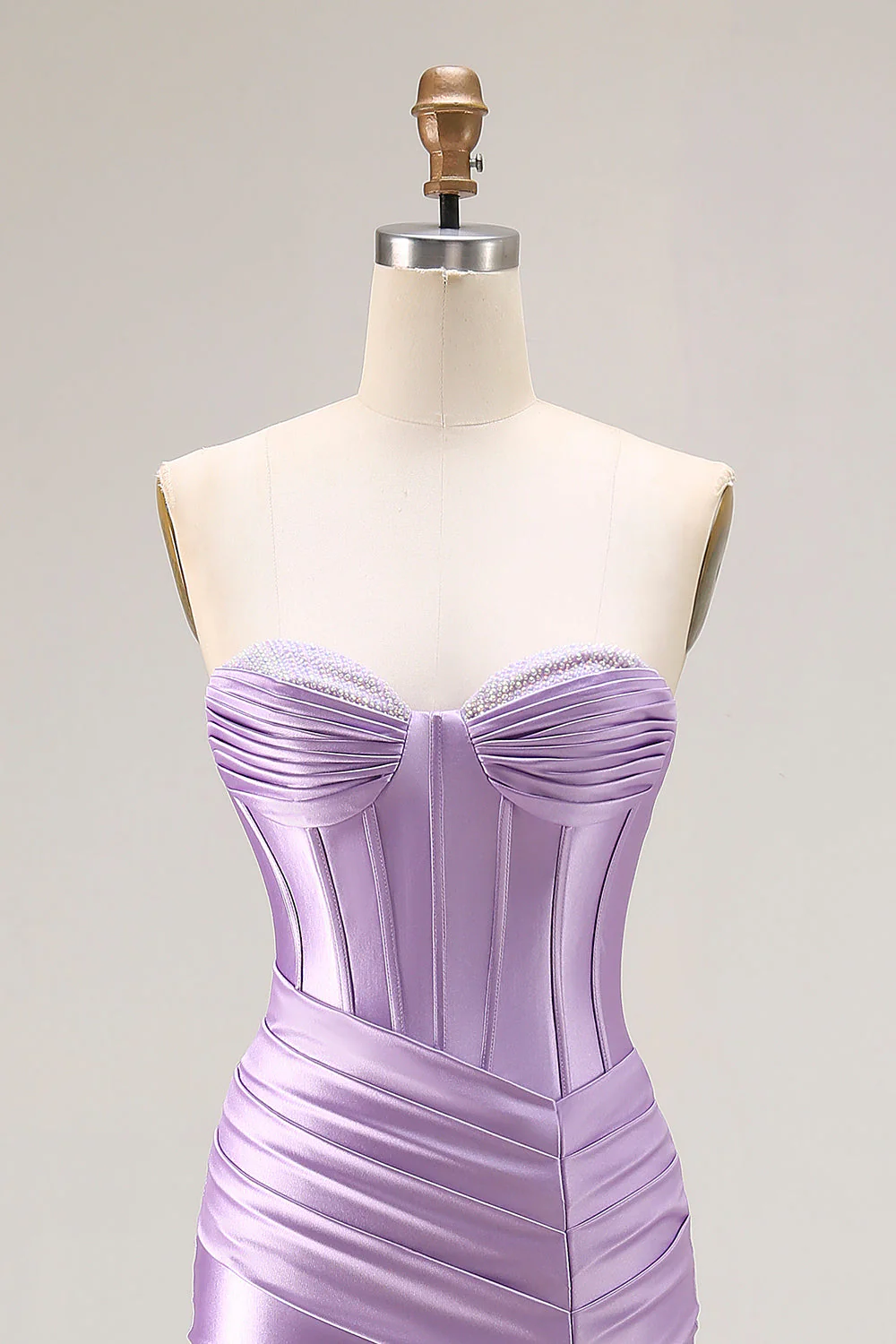 Strapless Purple Mermaid Corset Pleated Long Prom Dress With Slit - Image 4